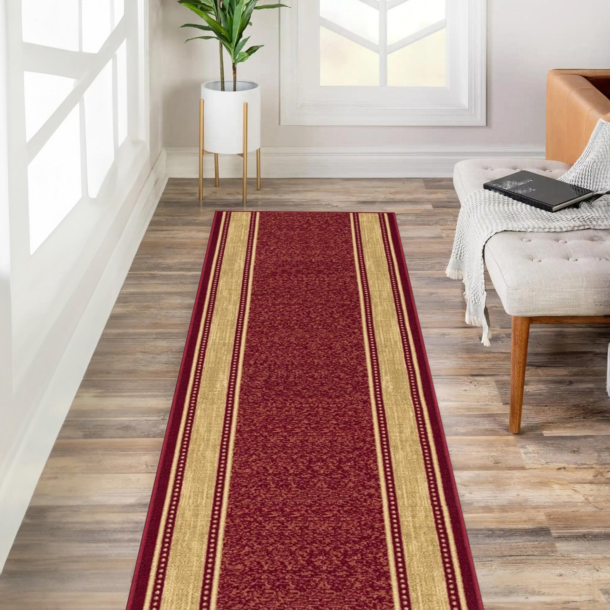 kapaqua custom size red gold beige bordered rubber backed non-slip hallway stair runner rug carpet 31 inch wide choose your length 31in x 30ft