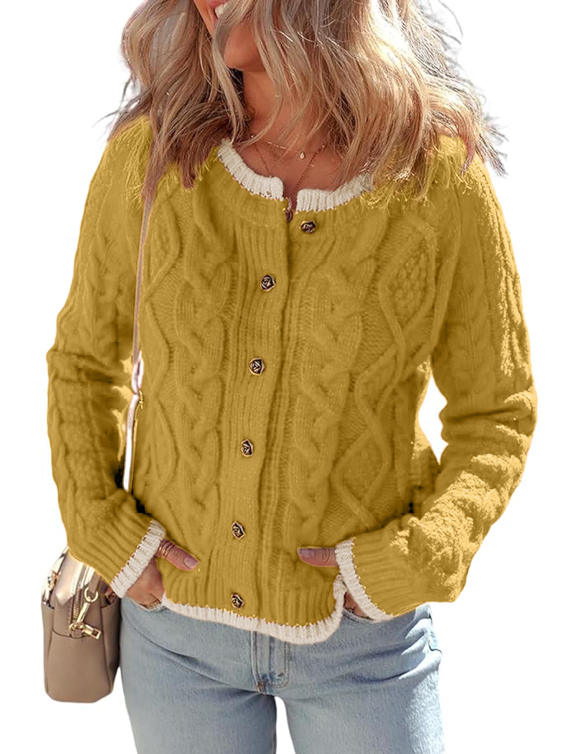 Watashi Long Sleeve Sweater for Women Casual Button Up Colorblock Cable Knit Round Neck Fall Winter Cardigans Coats