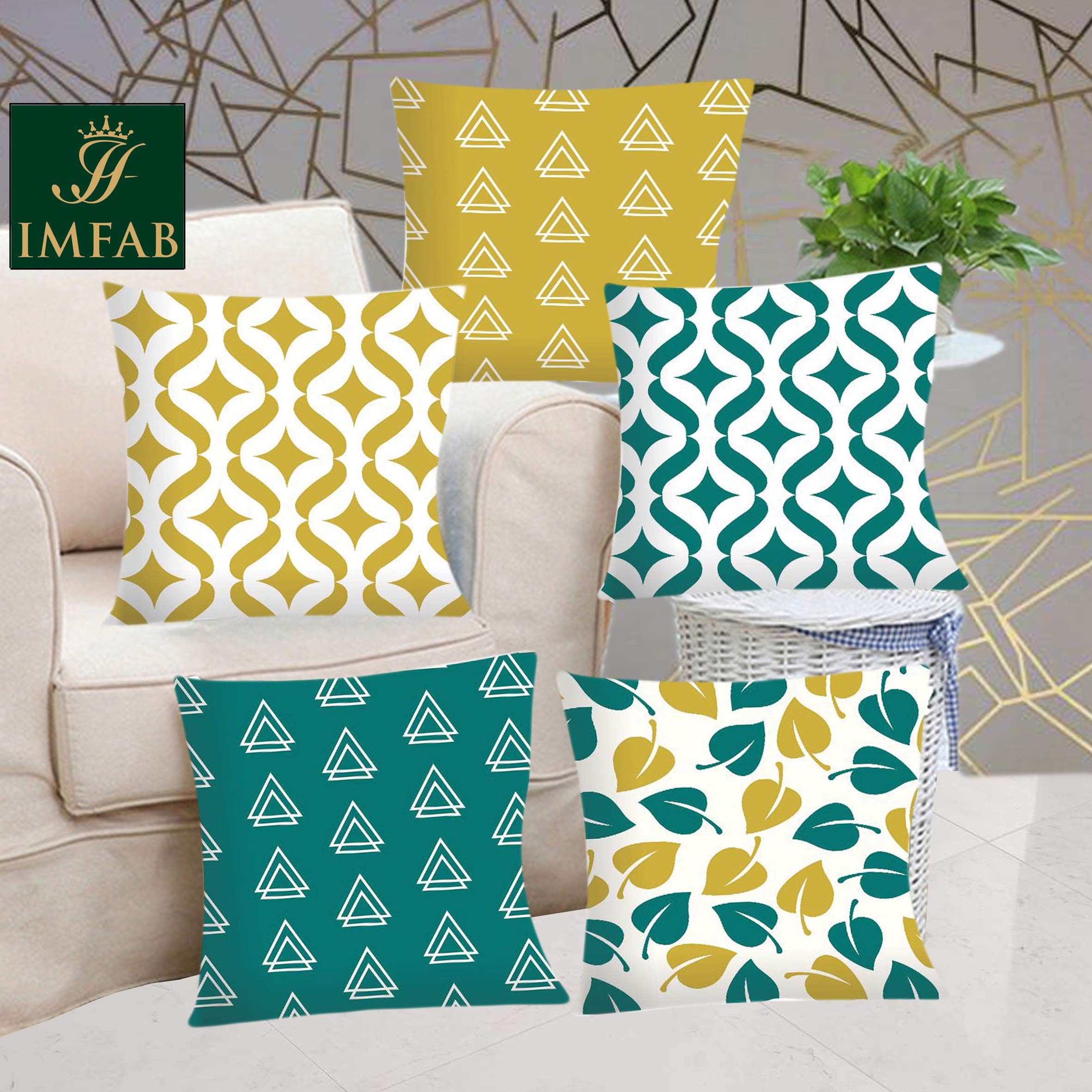 IMFAB Leaf Digital Canvas Cotton Cushion Covers 24X24 (Set of 5 Pcs)