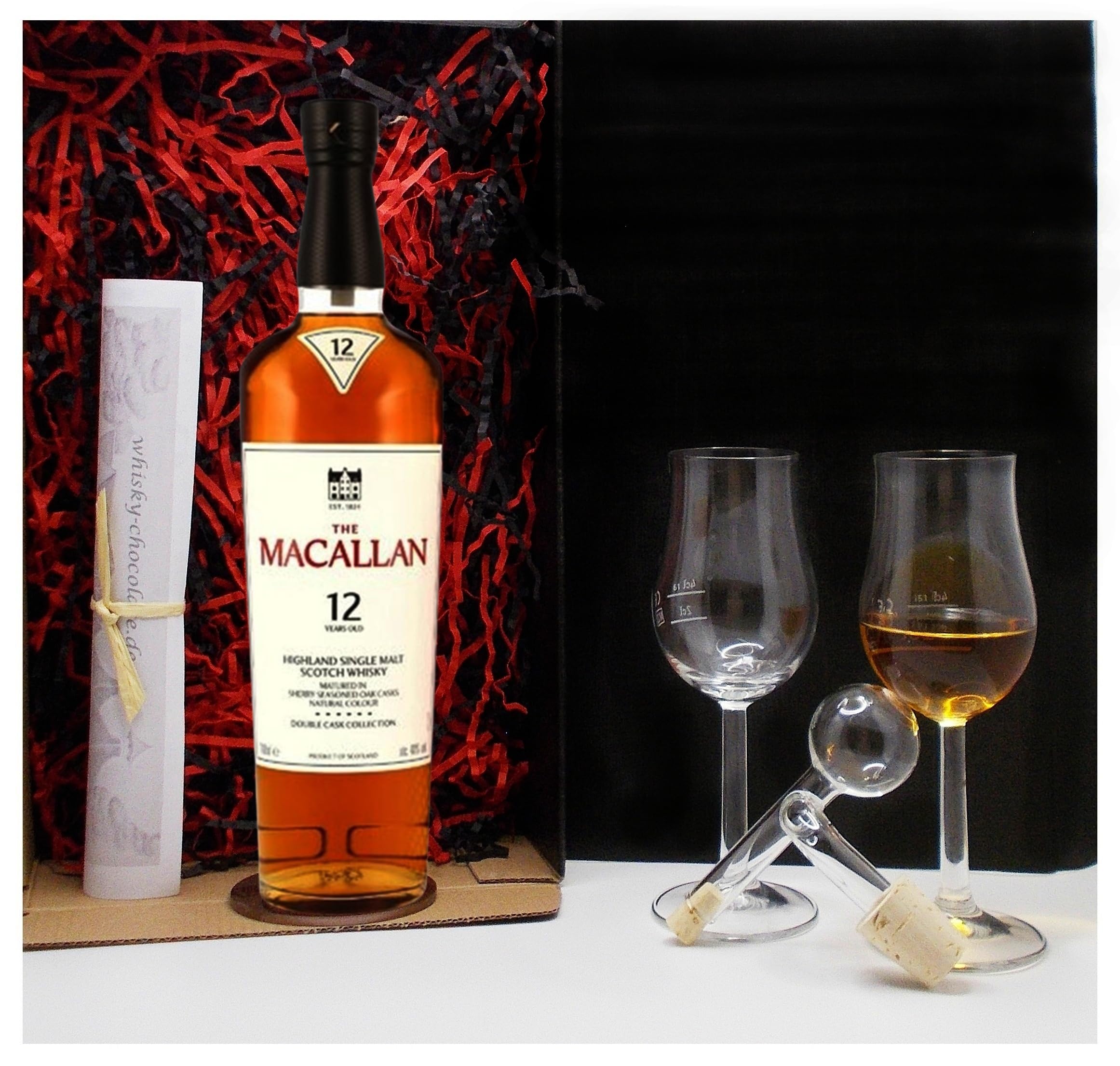 Geschenk Macallan Double Cask 12 Jahre Single Malt Whisky + Glaskugelportionierer + 2 Bugatti Gläser
