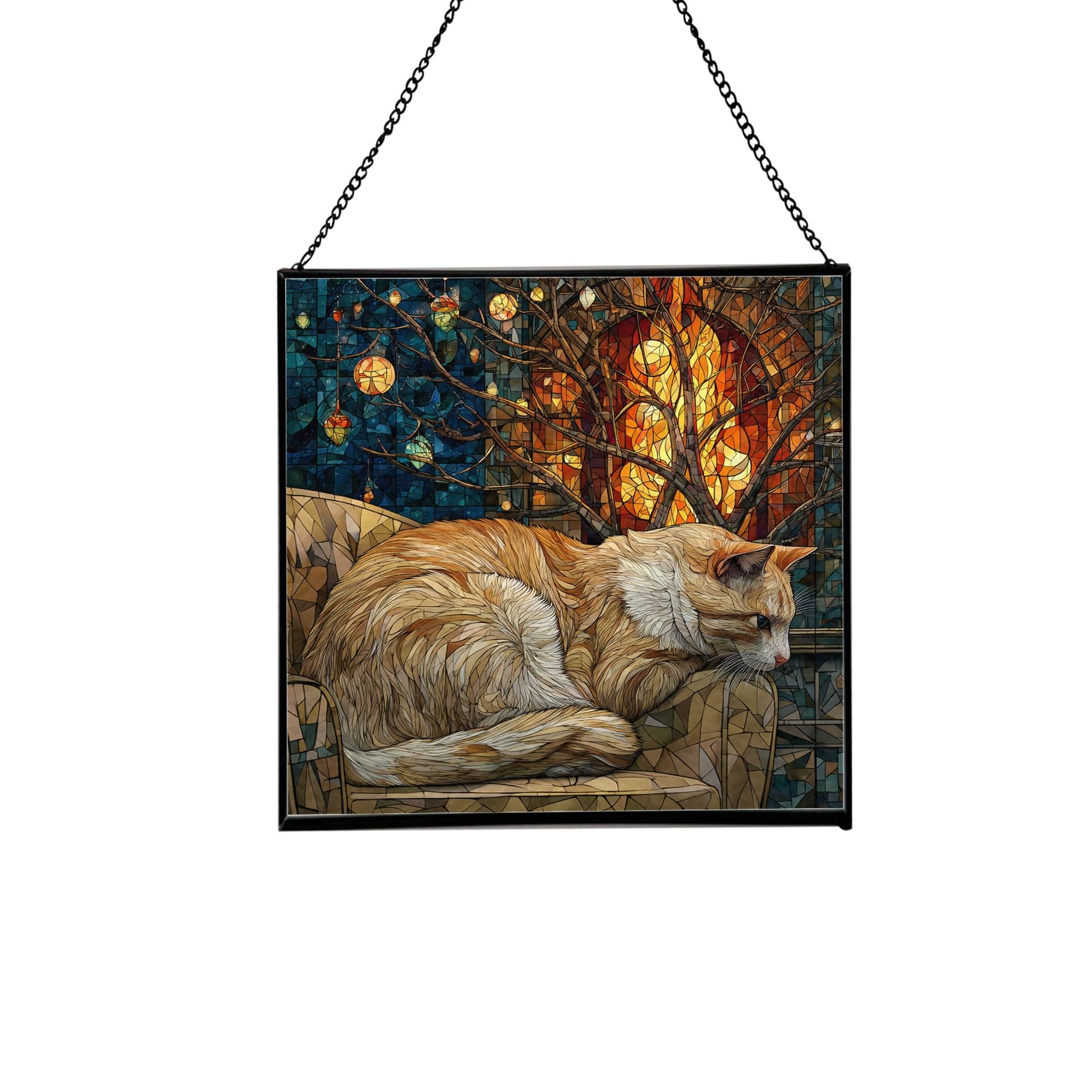 Napoleon Cat Christmas Stained Glass Suncatcher – Square Hanging Holiday Window Panel with Cozy Fireplace Scene – Winter Glass Art Decoration Gift for Animal Lovers, Pet Owners Zg5dHQ