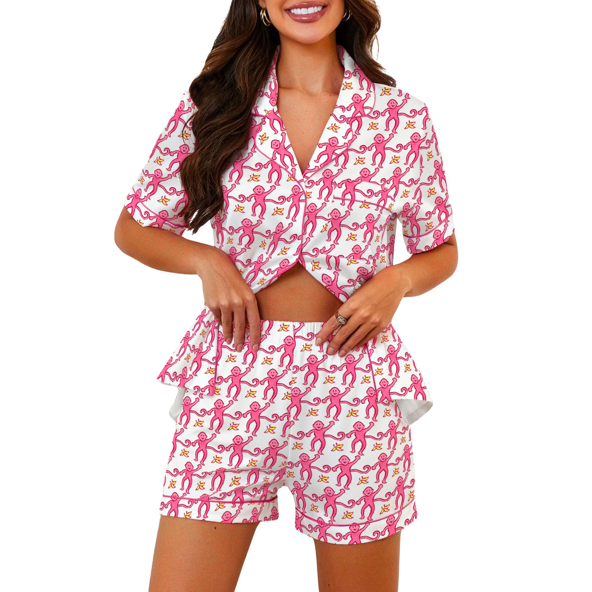 Ammiko Size Small Womens Pajamas Set Y2k Loungewear Pajama Button Down Top and Shorts Monkey Beach Short Sleeve Sleepwear Preppy