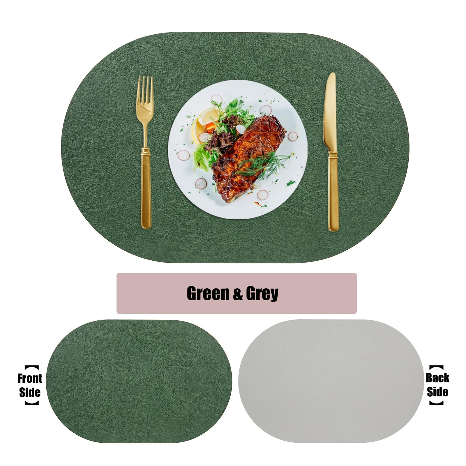 KnSam Juego de 6 manteles individuales navideños, modernos, ovalados, 30 x 45 cm, de PVC, estilo bohemio, reversible, monocolor, textura de piel de vacuno, color verde y gris, para cocina, casa,