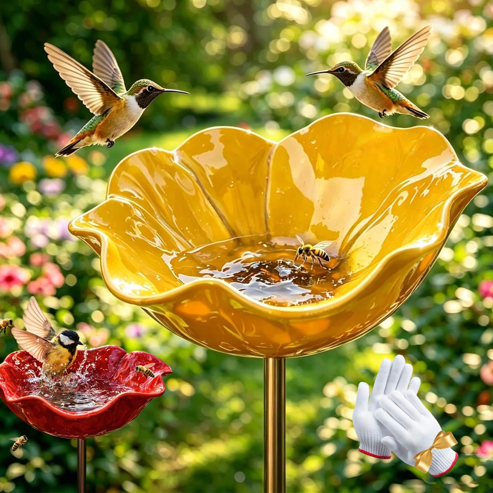2026 New Handmade Metal Flower Garden Stake, Metal Flowers For Garden, sMetal Flower sGarden Stake Bird Feeder, Flower Bird Bath Ground Plug Design, Yard Decor (2 Yellow)