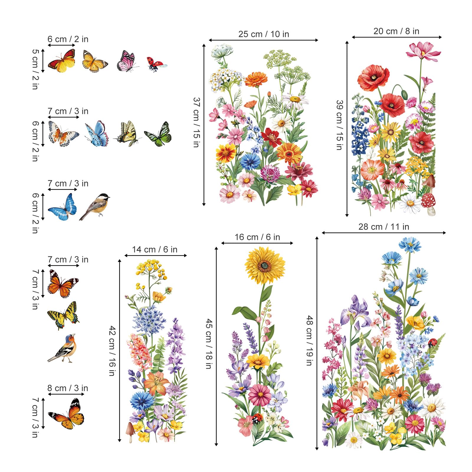 decalmile Autocollants Fenêtre Fleur de Jardin Printemps Été Anti-Collision Stickers Floral Sauvage Papillon Tournesol Stickers Vitre Anti-Adhésifs Fenêtre Porte Cuisine Décalques