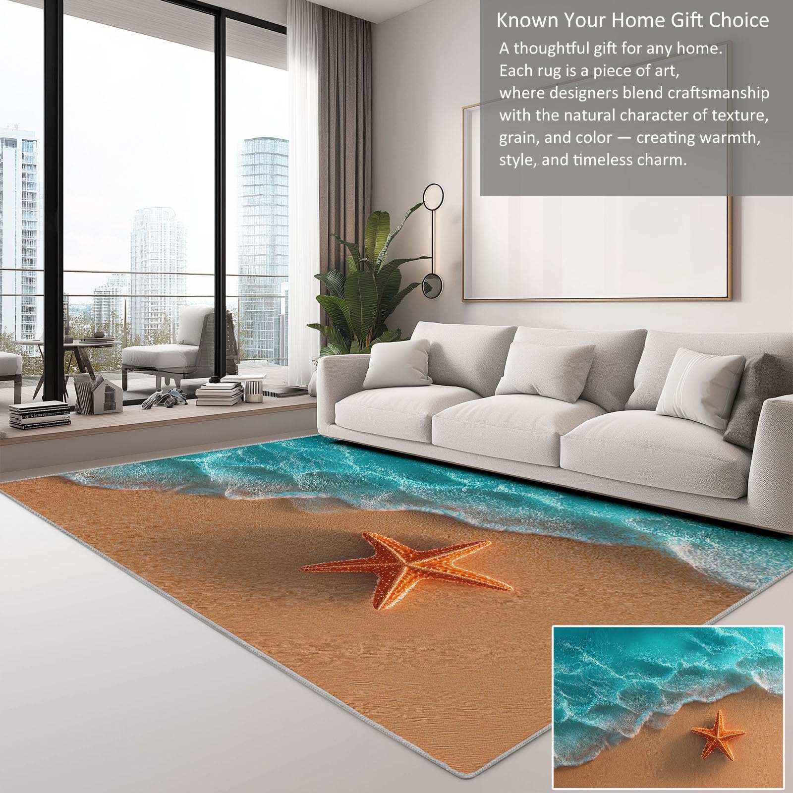 Alfombra de área de 100 x 160 cm, diseño de olas de playa y estrellas de mar, lavable, antideslizante, para fotografía de naturaleza, alfombra para dormitorio, sala de estar, alfombra de suelo de pelo