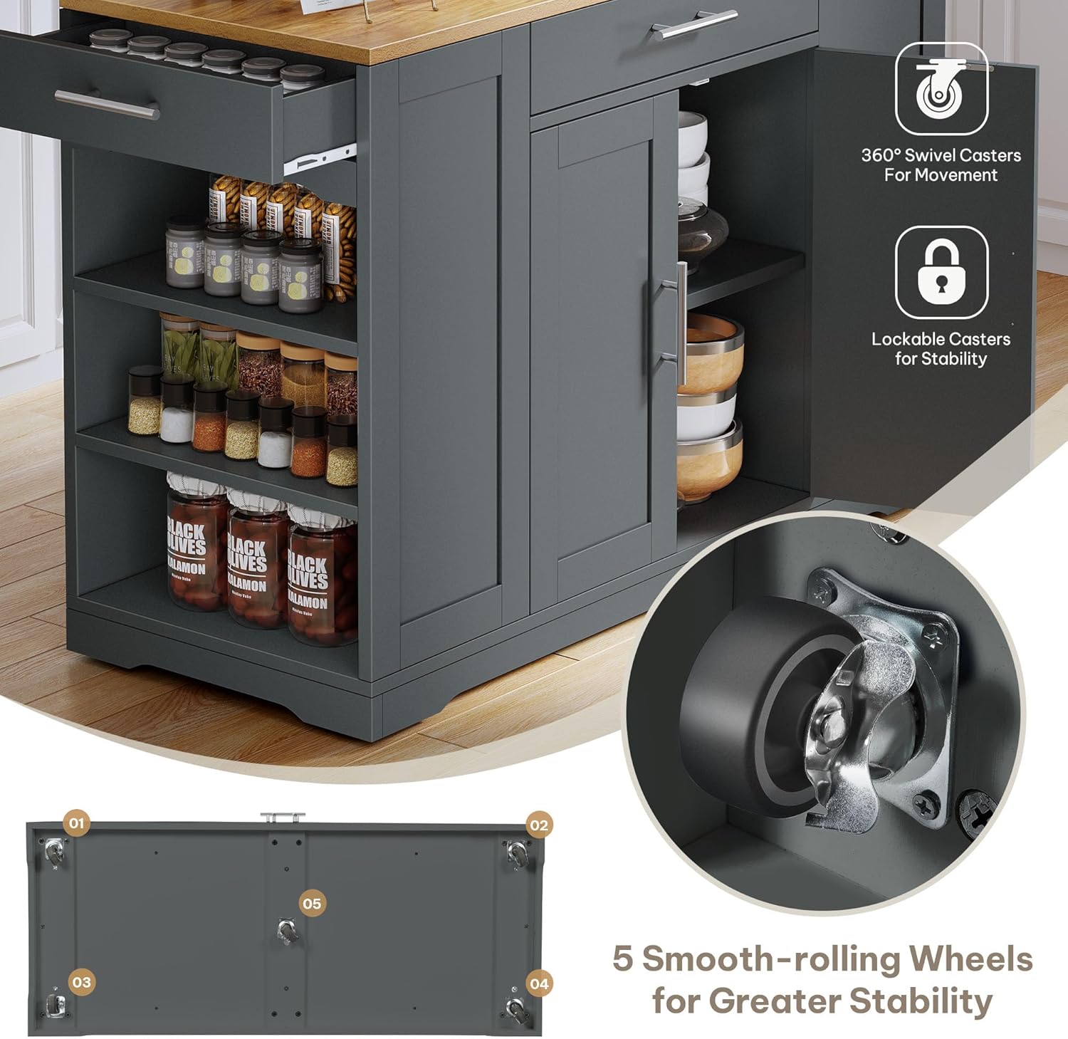 DWVO Large Kitchen Island with Trash Can Cabinet, 53 Inch Kitchen Island on Wheels, Rolling Island with Tilt-Out Garbage Storage Fits 13 Gallon Bin, Spice Rack and Drawer, for Dining Room, Gray