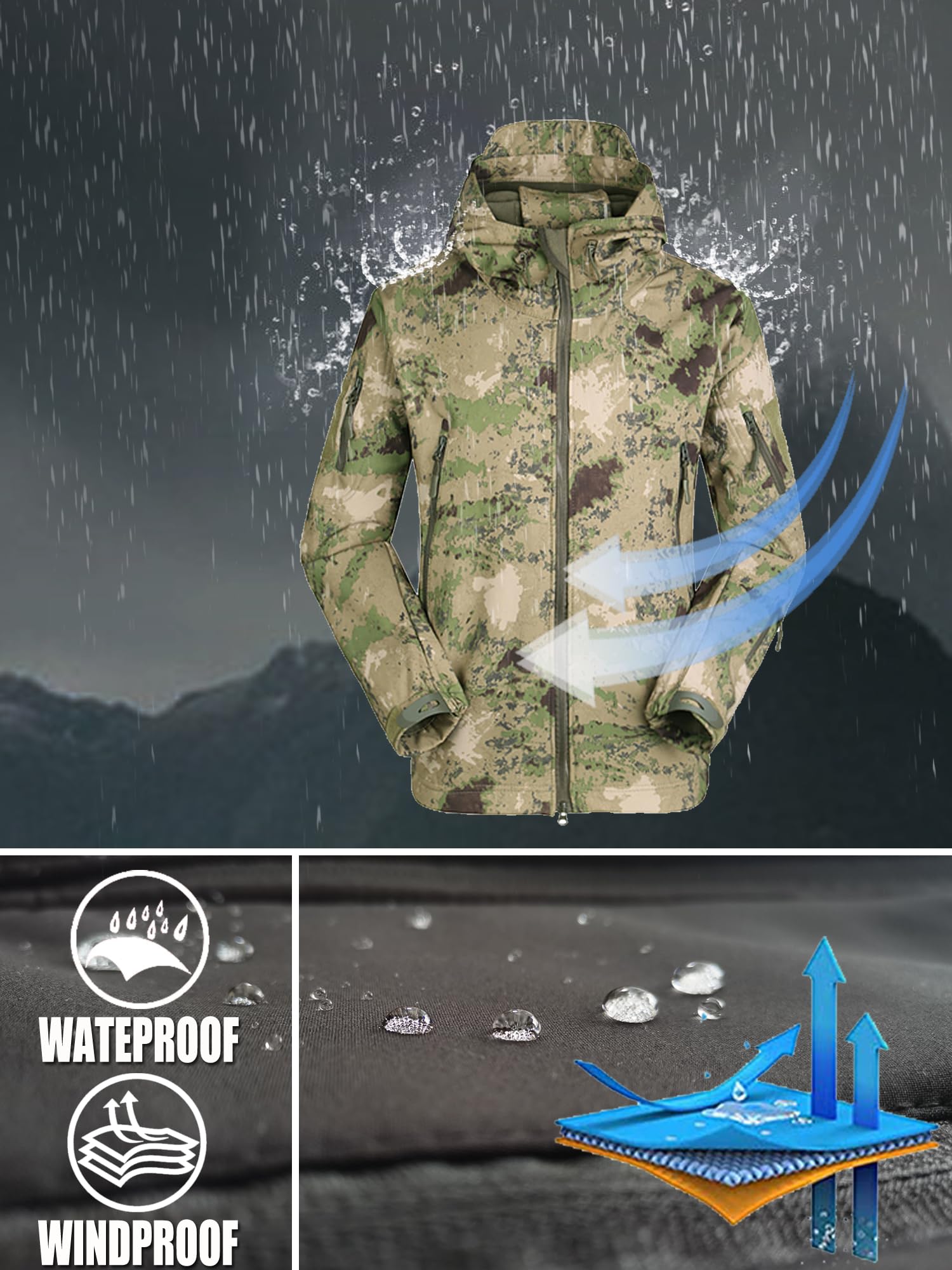 Kelmon Uomo Tattico Softshell Giacca Multifunzionale Outdoor Camouflage Militare Pile Fodera Impermeabile Antivento Calda Cappuccio Cappotto