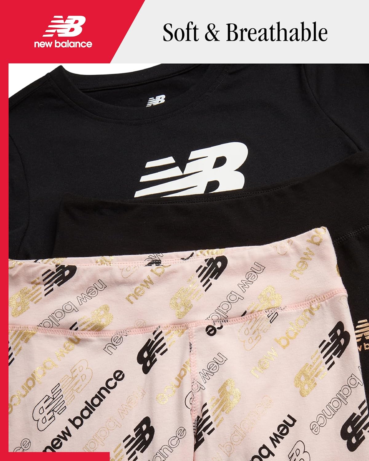 New Balance Girls Leggings Set - 3 Piece Short Sleeve Shirt and Leggings Outfit for Girls - Workout Yoga Pants (Sizes 7-16) - Image 2
