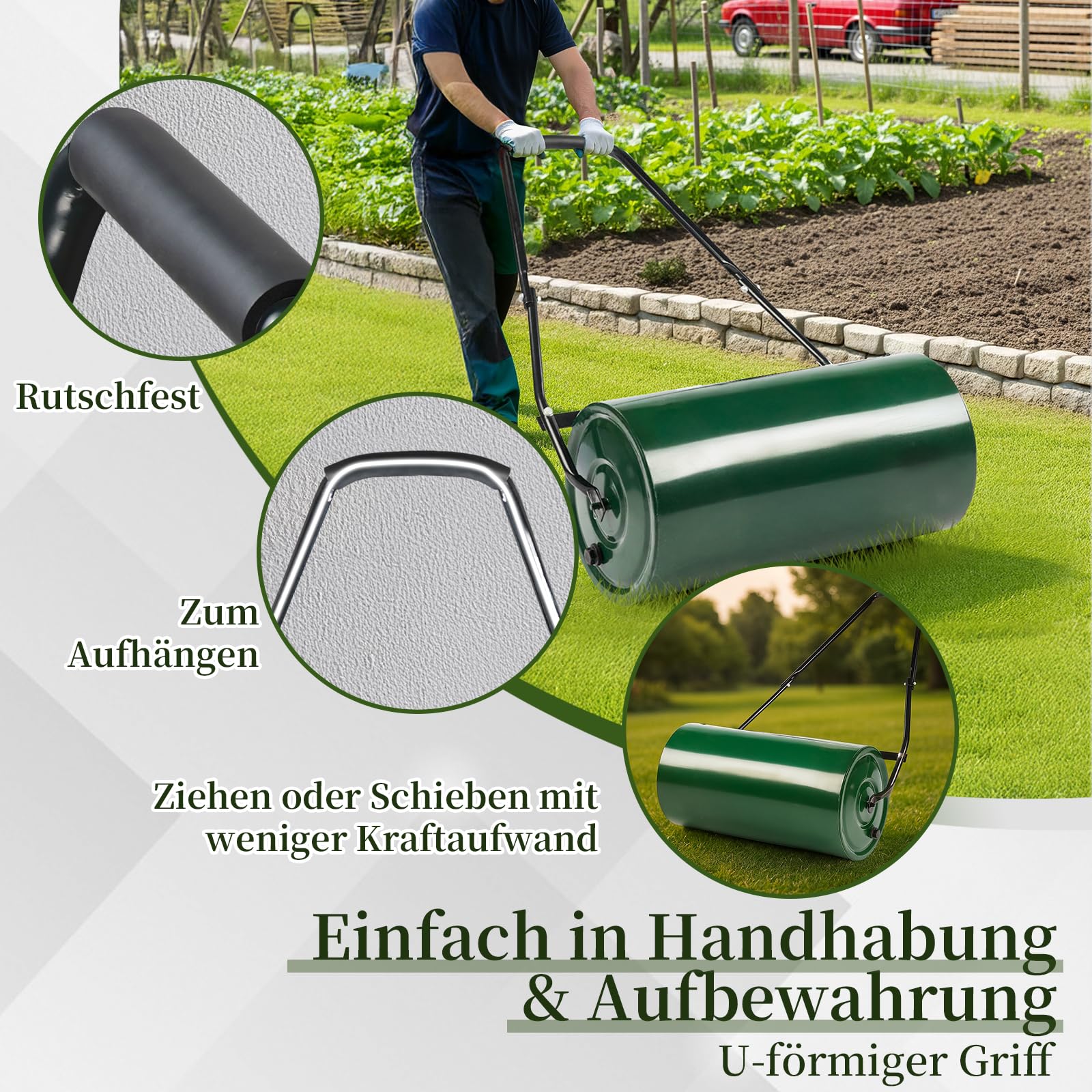 LEADZM Rasenwalze 50L, Kontaktflächenlänge 60 cm, 32 cm Durchmesser – befüllbar mit Sand oder Wasser, rasenlüfter Walze, Der Griff ist gepolstert Komfortabel und effizient