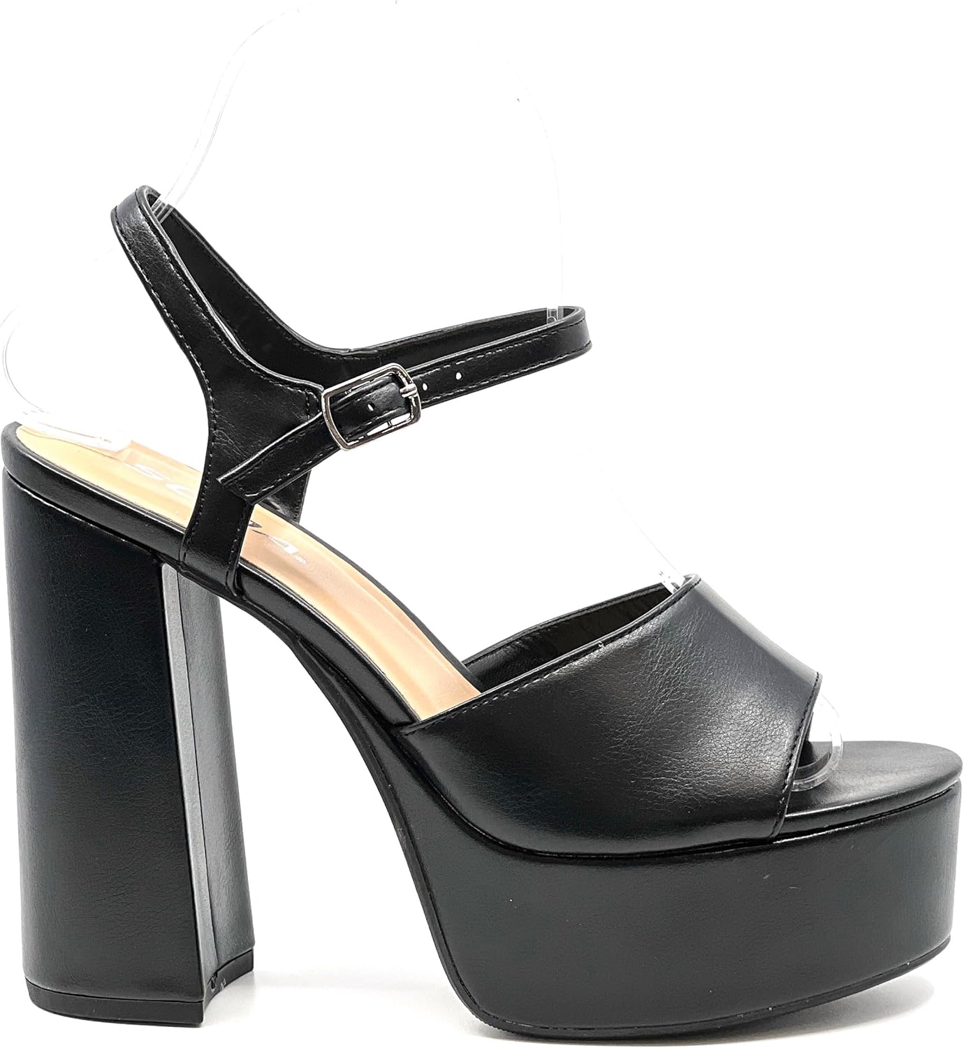 Soda Women's Platform Chunky High Heel Sandals Ankle Strap Open Toe Heeled Shoes Blow Black Pu 7 - Image 3