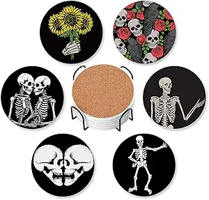 Halloween Drink Coasters for Drinks Set of 6,Skeleton Skull Absorbent Round Ceramic Stone Mat Coaster, with Cork Base and Metal Holder, Home Bar Decor House Warming Gift