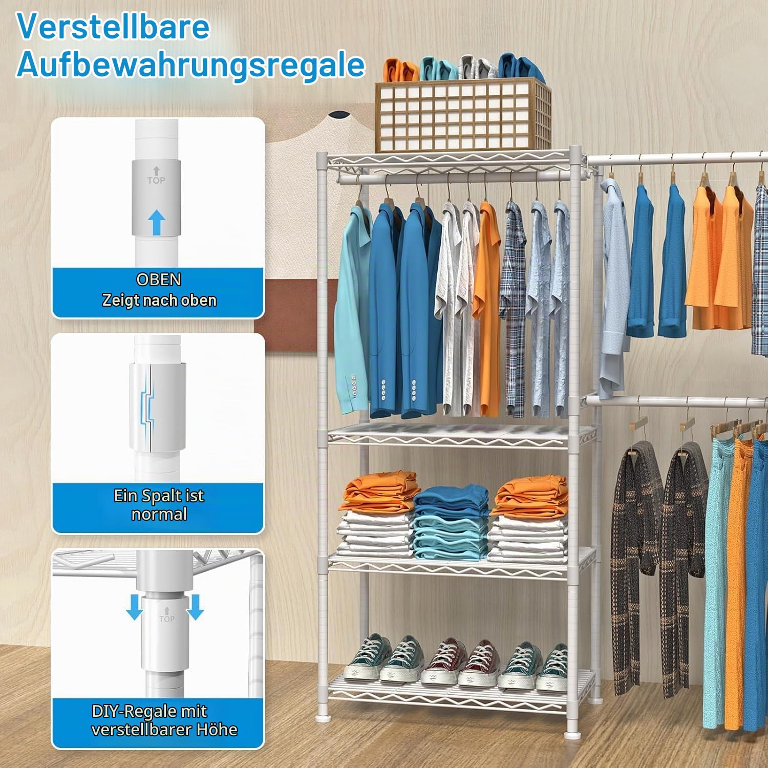 VyGrow Schwerlast Kleiderstände zum Aufhängen von Kleidung, Kleiderständer mit 4 Aufhängestangen & 7 Regalen, 175 cm Lx39.9 cm Bx194.1 cm H, (weiß)