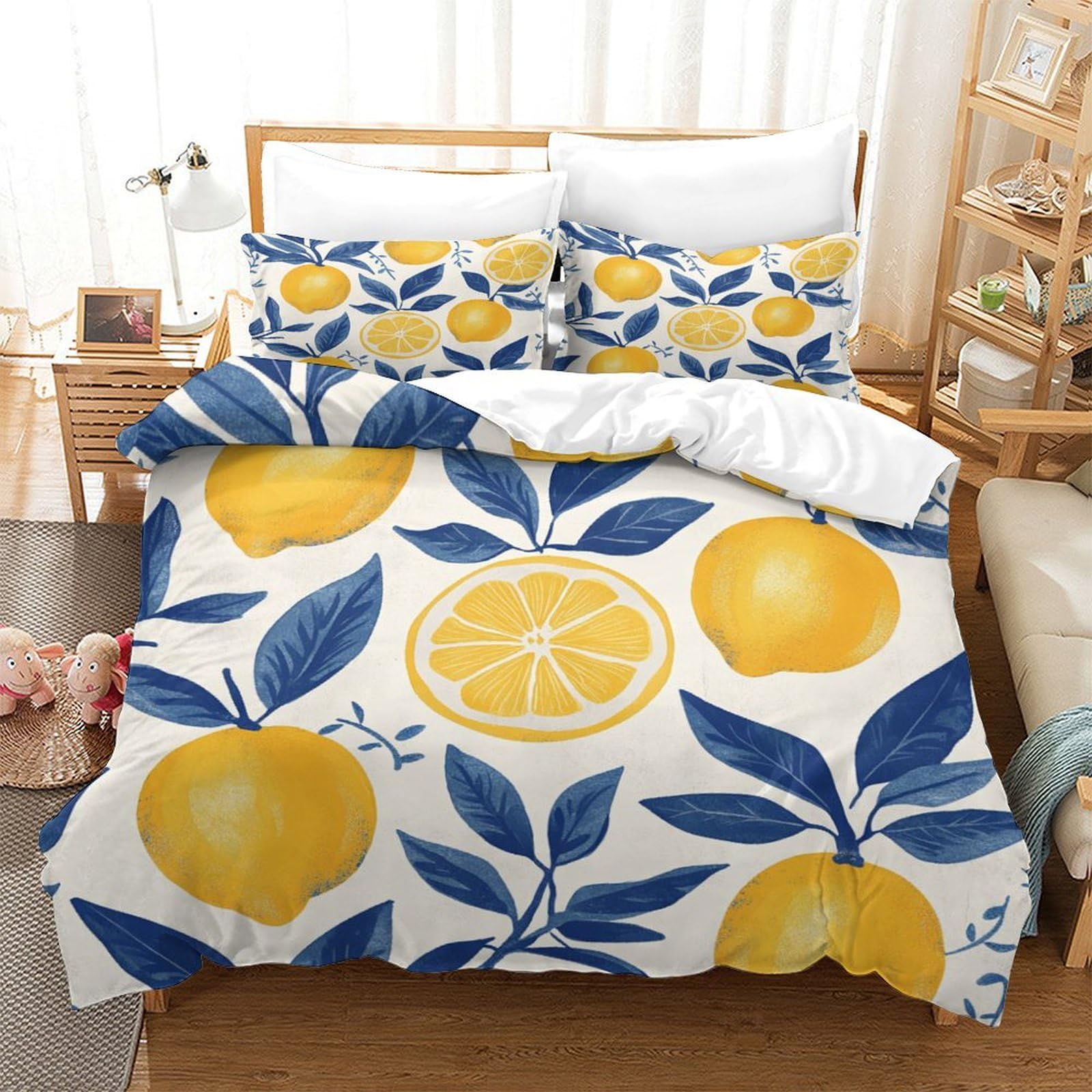 P1s9u7w5y Lemon-1 Vibrant Lemon Leaf 3D Printed Duvet Cover Set 3Pcs Microfiber Botanical Bedding Set Double（200X200cm）