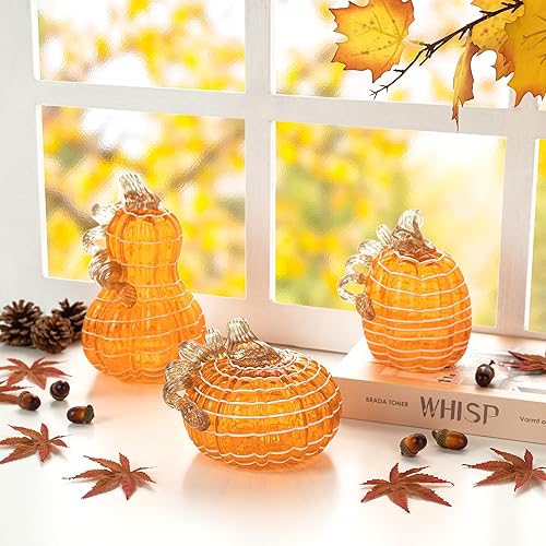 Miniatura 7 de Glitzhome Calabaza de vidrio soplado a mano con diseño de líneas, juego de 3 decoraciones de mesa de Acción de Gracias, calabaza de vidrio