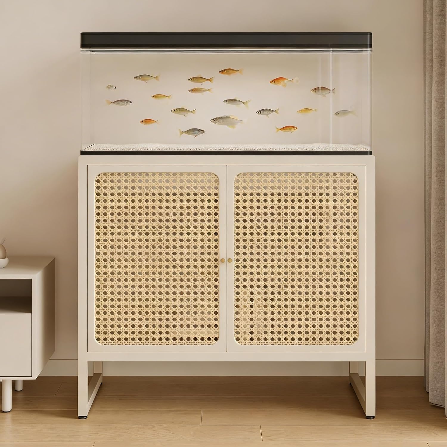 Multifunctional Aquarium Stand,Rattan-woven Glass, No Assembly Required, Minimalist Vintage Fish Tank , Perfect For Living Rooms And Home Offices(White,LxW45x25cm/17.7x9.8in)