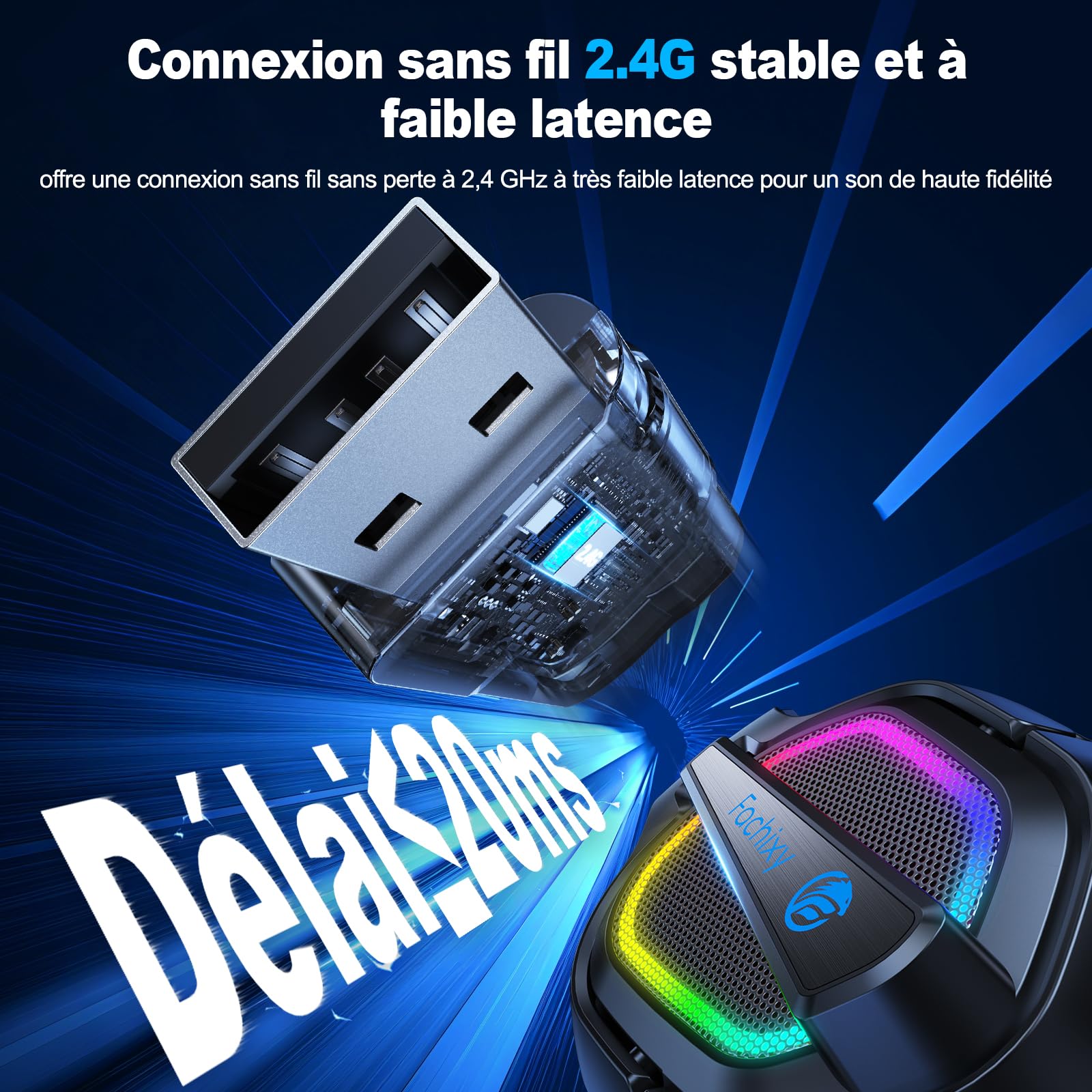 Fachixy FC200 Casque Gaming sans Fil, 2.4GHz Casque Bluetooth sans Fil avec Micro pour PS5, PS4, PC, Switch, Mac, Mobile, Casque Gaming Pliable avec Son Stéréo et Éclairage LED, Batterie de 50h