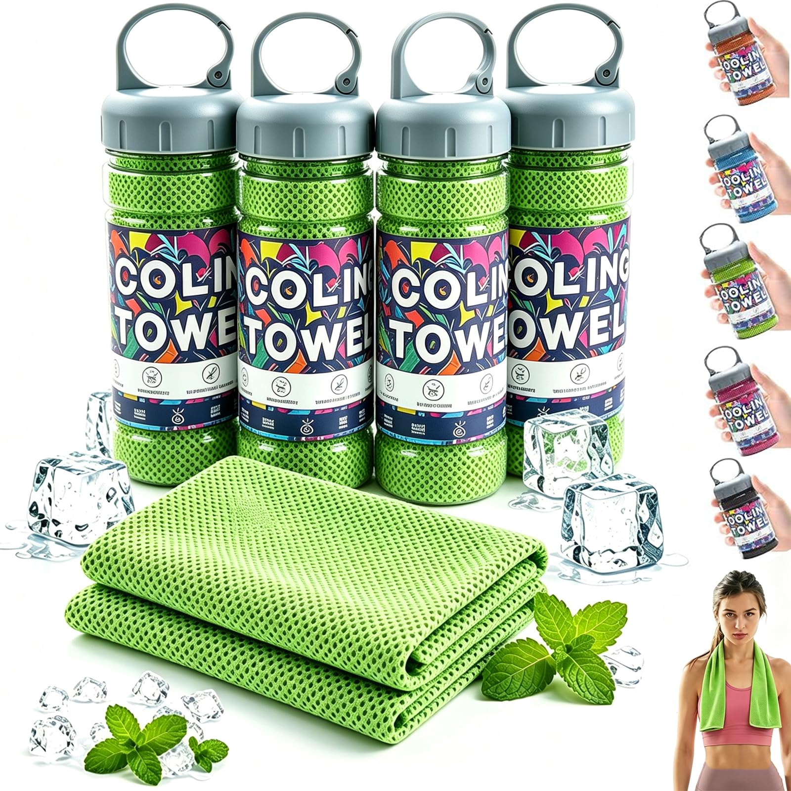 4Pcs Cooling Towels 100x30 cm,Reusable Ice Cool Microfibre Towel for Neck,Soft Breathable with Carry Bottle,Quick Dry Cooling Neck Towels Rags for Gym,Yoga,Golf,Running,Camping & Hot Weather (Green)
