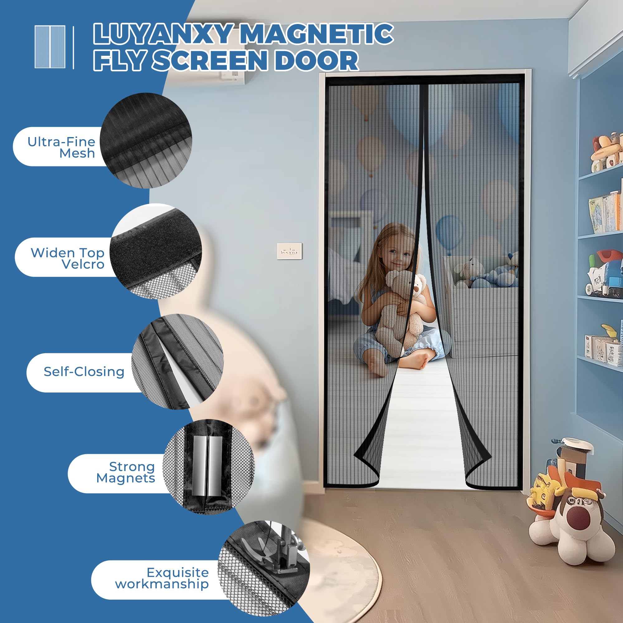 Zanzariera Magnetica Per Porte - 60x240 Cm, Apertura Automatica, Con Barra Di Peso, Nero - Foto 3