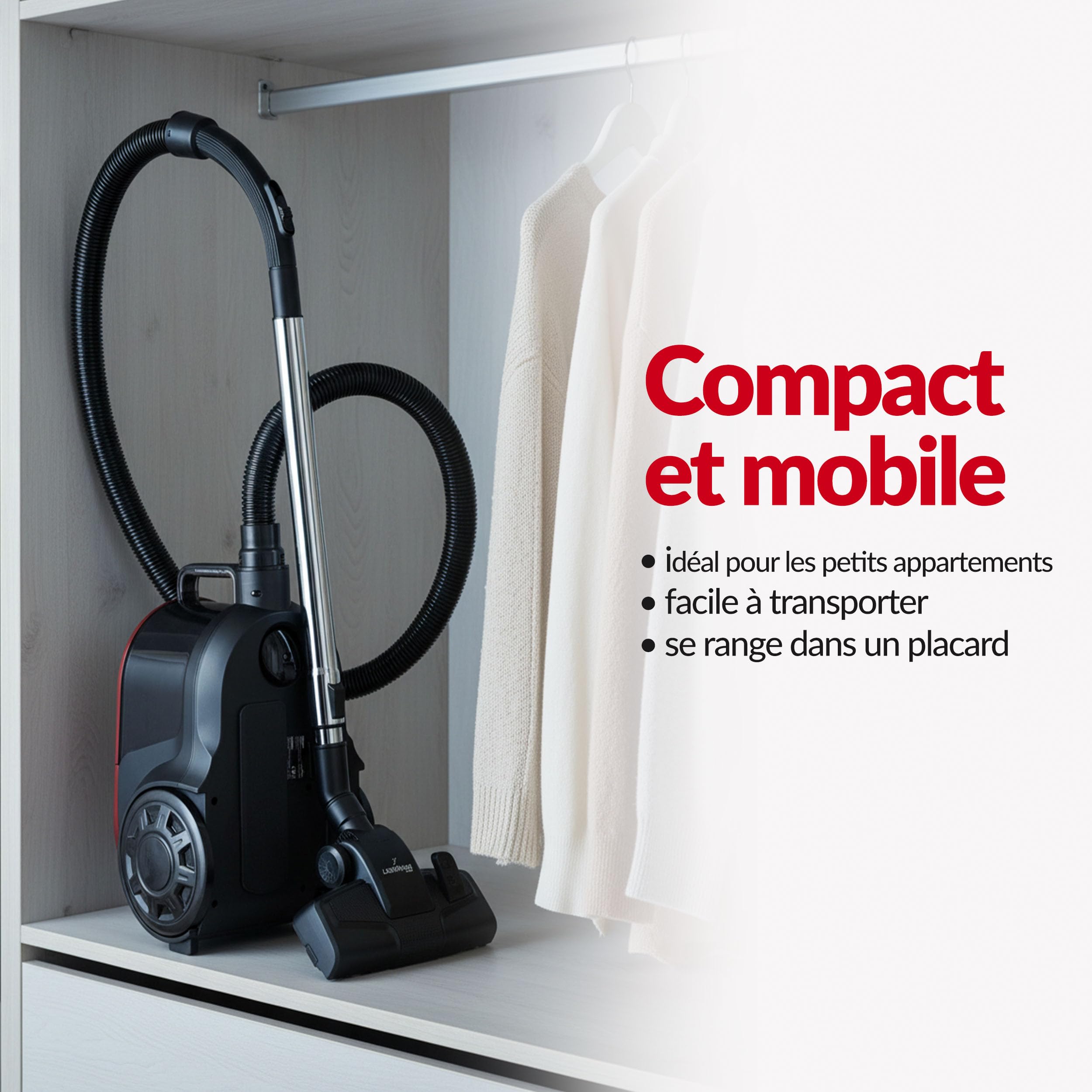 Lehmann Aspirateur sans Sac, Technologie Cyclonique Puissante, Double Filtre HEPA pour Allergiques, Capacité 2,5 L, Compact, Aspirateur Traîneau pour Tapis et Sols, Set d’Accessoires, Noir/Rouge