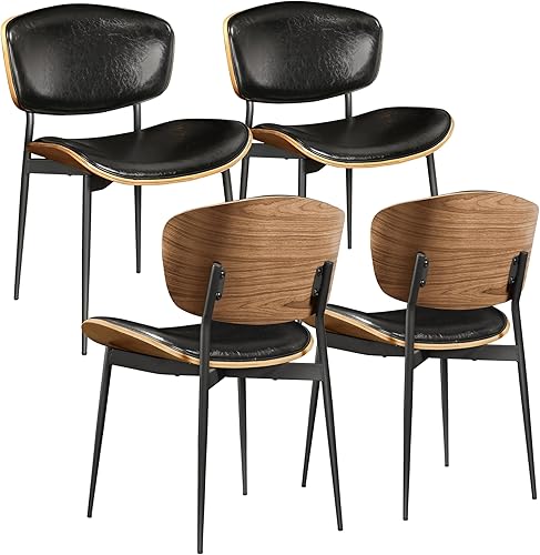 Art Leon Juego de 4 sillas de comedor, madera curvada de nogal, sillas de comedor modernas de mediados de siglo, silla de escritorio tapizada de