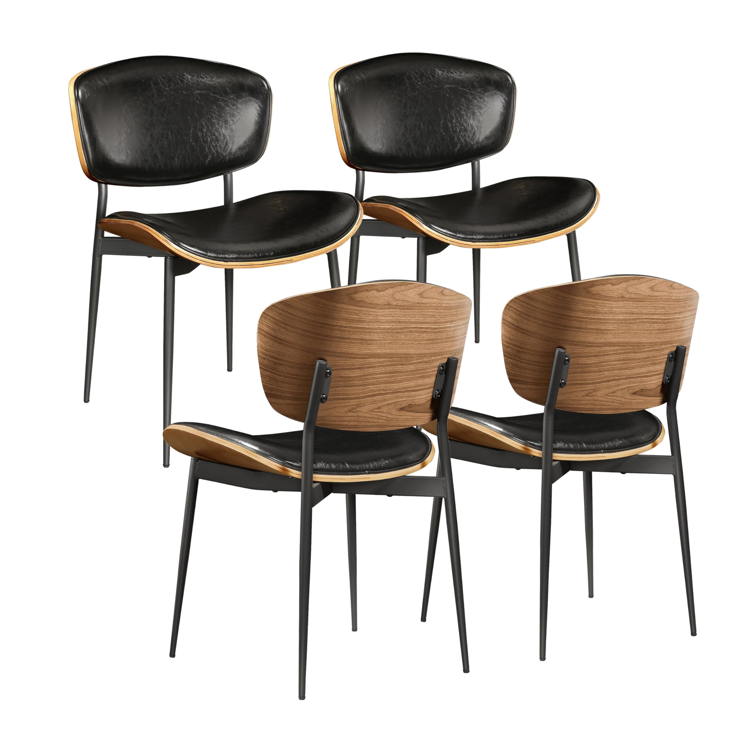 Art Leon Dining Chairs Set of 4, Walnut Bentwood, Mid Century Modern Dining Room Chairs, Faux Leather Upholstered Desk Chair with Black Metal Legs,