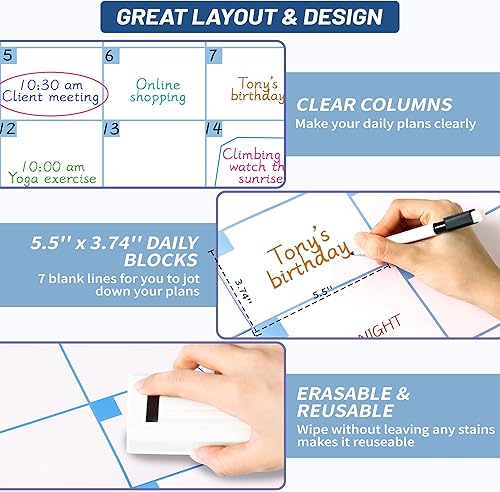 Miniatura 4 de Calendario grande de borrado en seco para pared, calendario de pared de 1 mes sin fecha, 40 x 28 pulgadas, calendario laminado borrable y