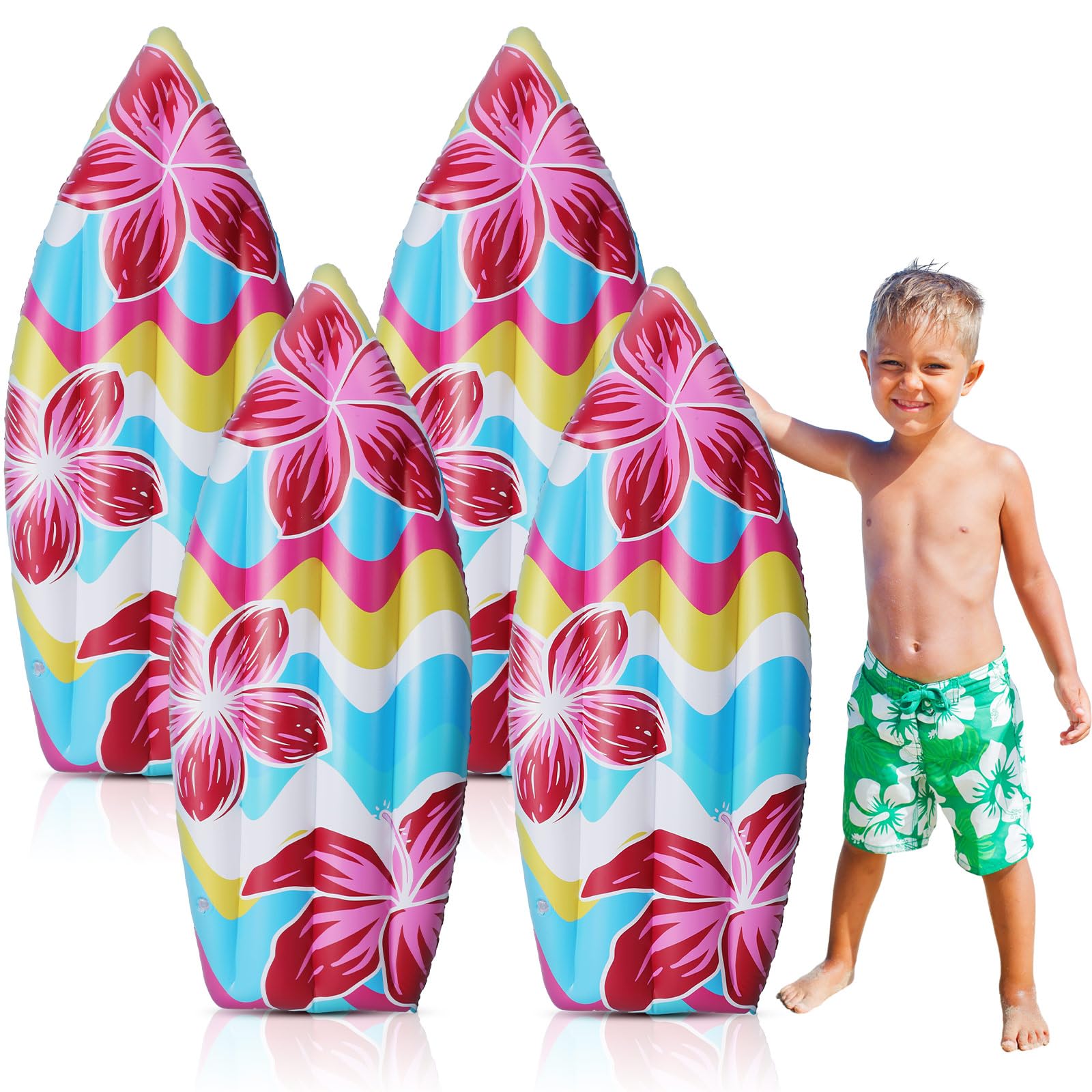 Syhood 4 Pieces 34'' Inflatable Surfboard Small Blow up Luau Board Tropical Pool Board for Kids and Adults Summer Tropical and Luau Party Decorations