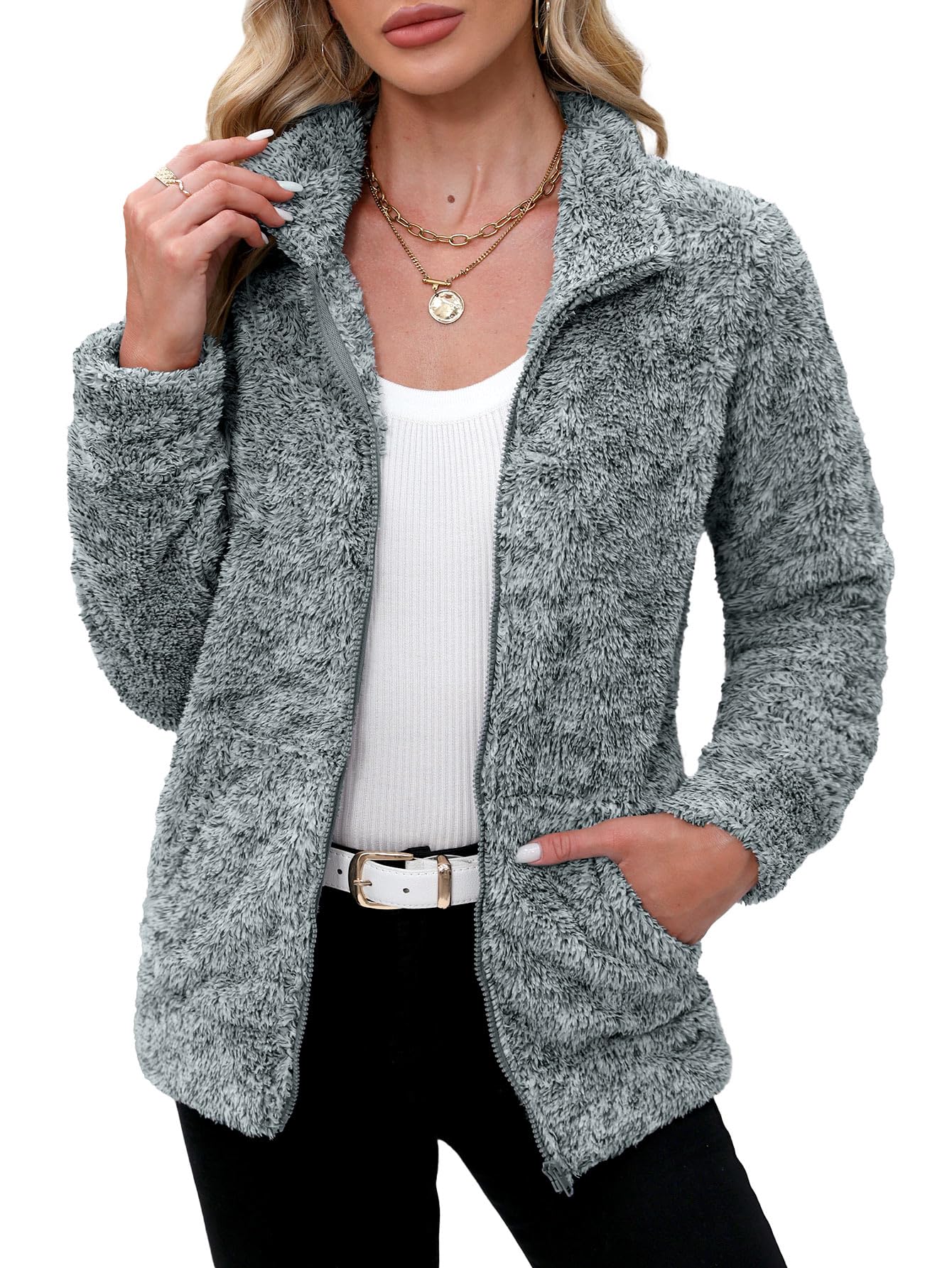 BesserBay Chaqueta de invierno para mujer, cuello alto, forro polar, con cremallera completa, tallas S-XXL