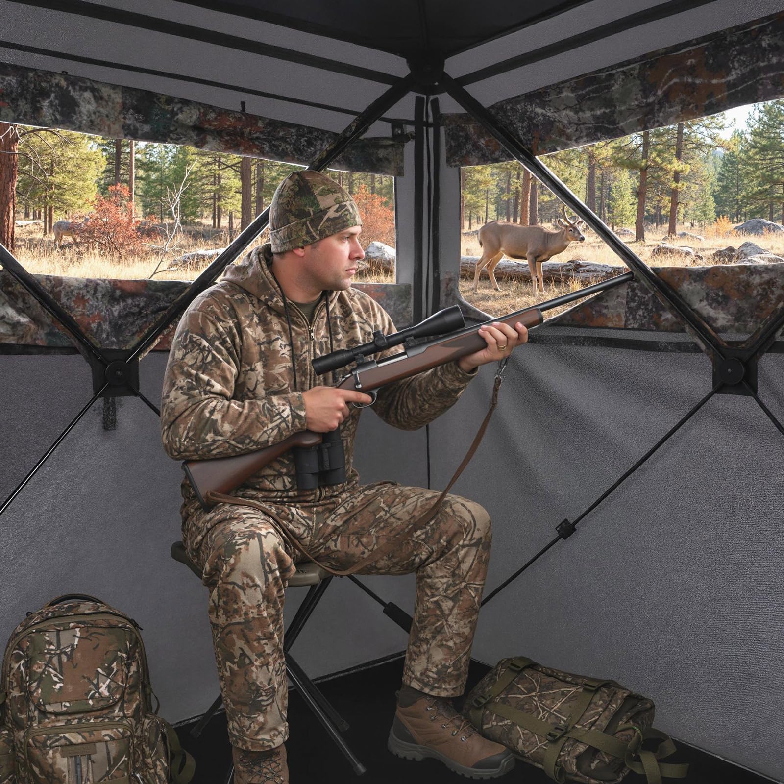 GOPLUS Persiana de Caza Portátil para 2-4 Personas con Vista de 360° | Tienda de Camuflaje para Cazadores de Ciervos y Pavos con Ventanas Silenciosas y Bolsa de Transporte