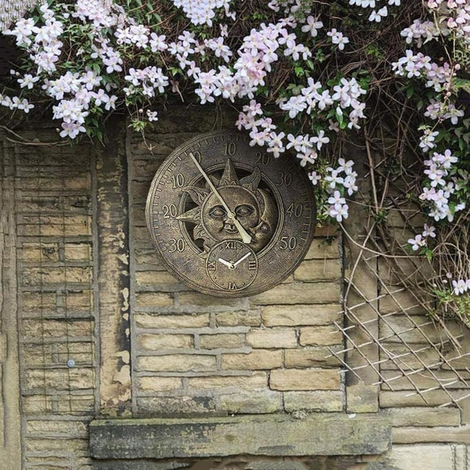 Reloj de pared para exteriores con diseño de sol y luna, diseño de resina impermeable para decoración de jardín y patio