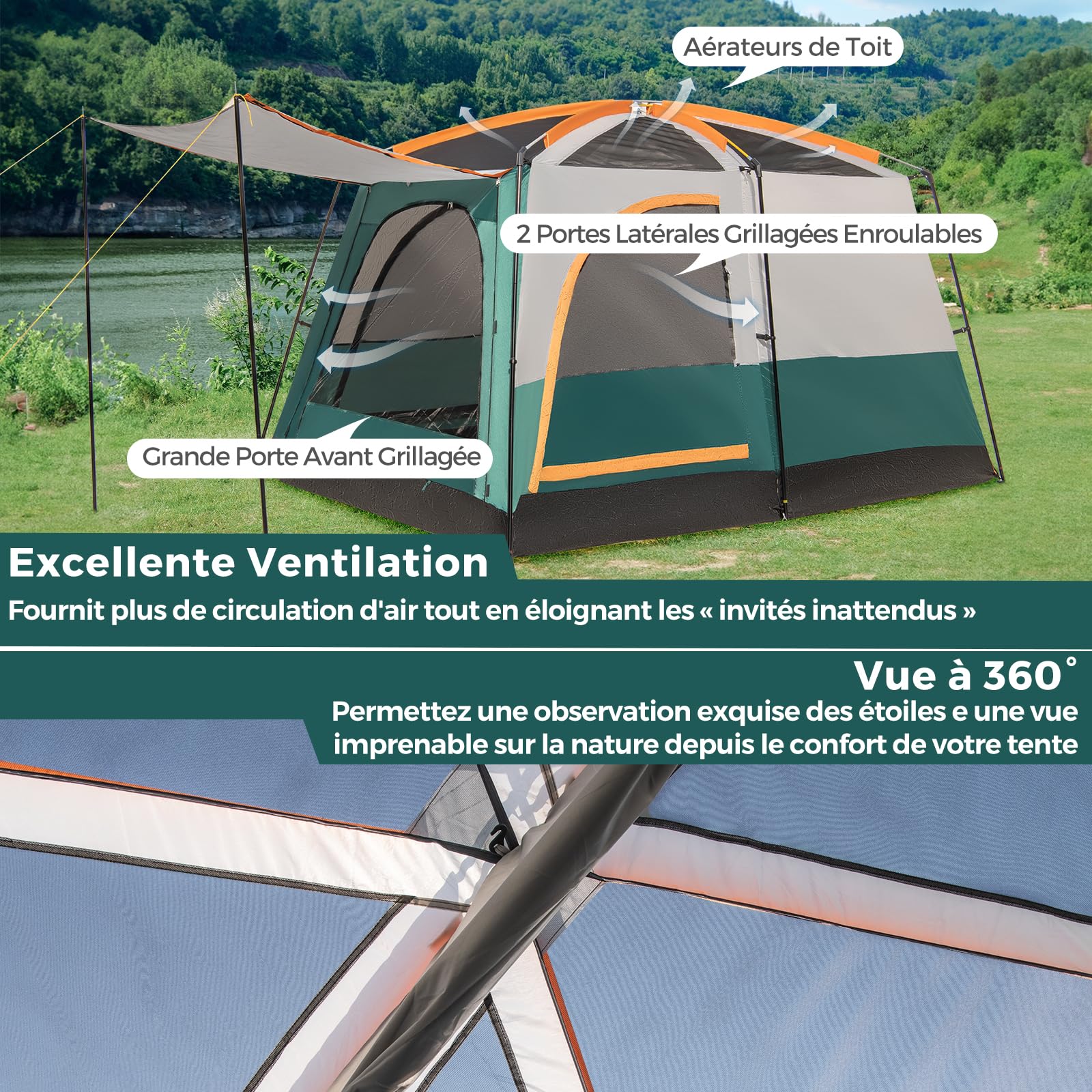 GYMAX Tente de Camping pour 4-6 Personnes, avec Grand Pare-Soleil Avant, Séparateur Intérieur de 2 Pièces, Fenêtre Maillée et 2 Portes Latérales Grillagées Enroulables