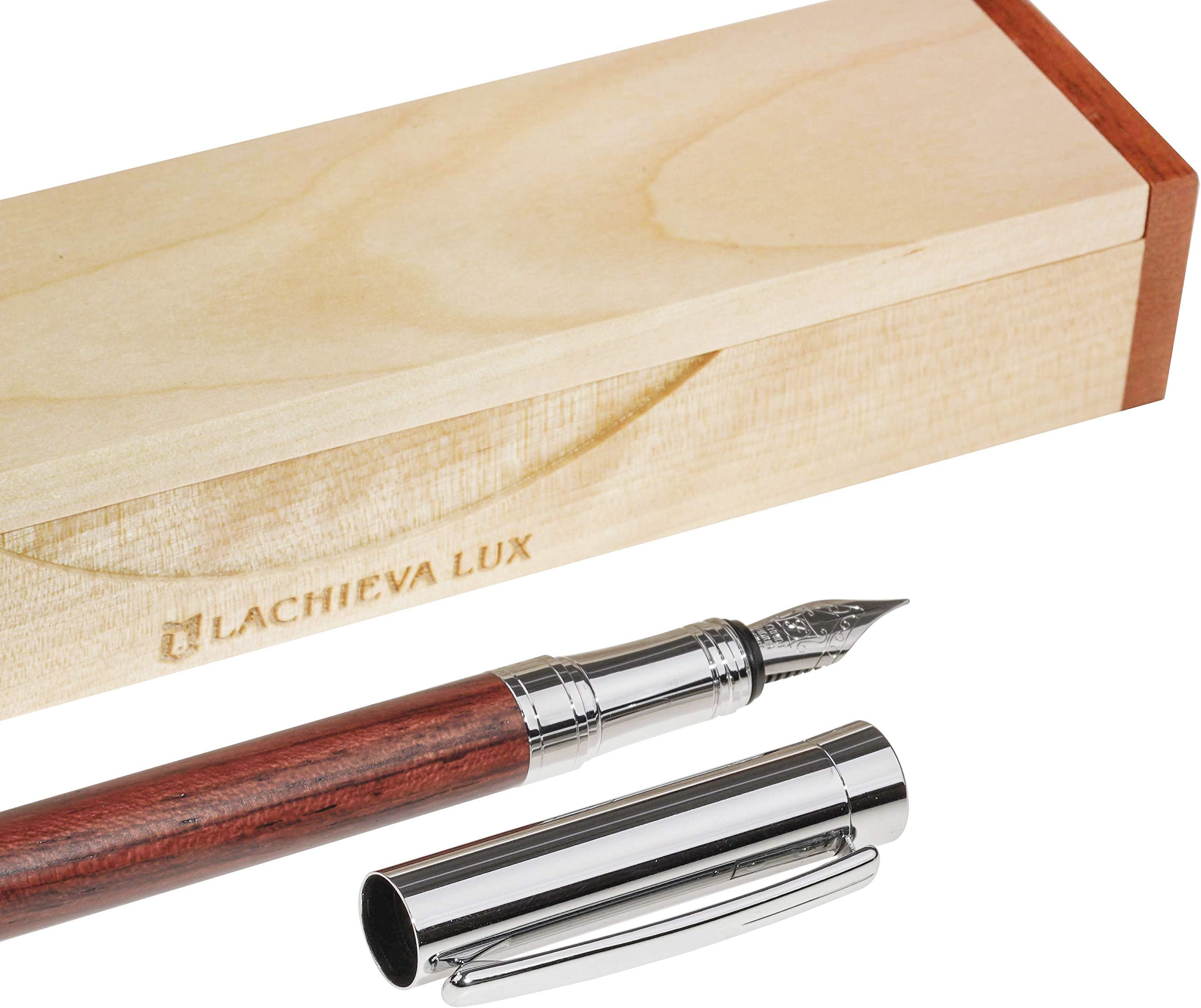 LACHIEVA LUX Rosewood Fountain Pen, German Fine Nib, Smooth Ink Flow, Wooden Gift Box with Converter & 2 Cartridges, Fancy Pen for Men and Women