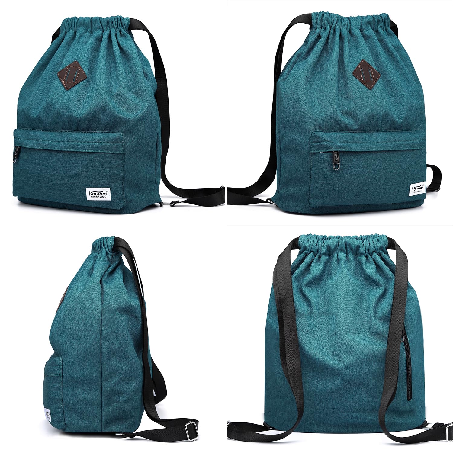 KAUKKO Bolsa de gimnasio de lona con cordón y bolsillo interior, mochila escolar, mochila deportiva de — view 3