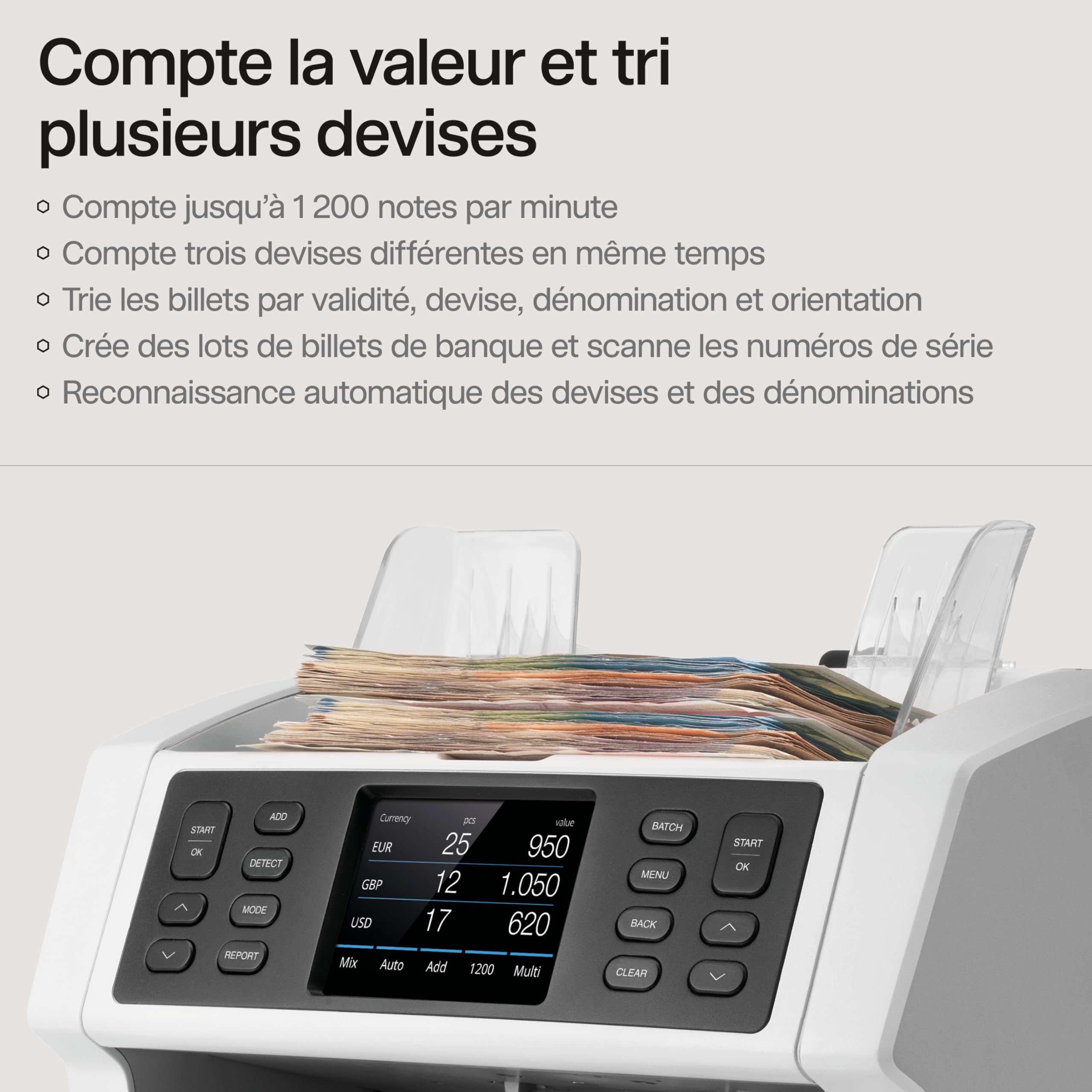Safescan 2985-SX compteuse de billets valorisatrice qui compte et trie les billets mélangés - Compteur de billets avec détection de faux billets sur 7 points - Compteuse de billets avec option de tri