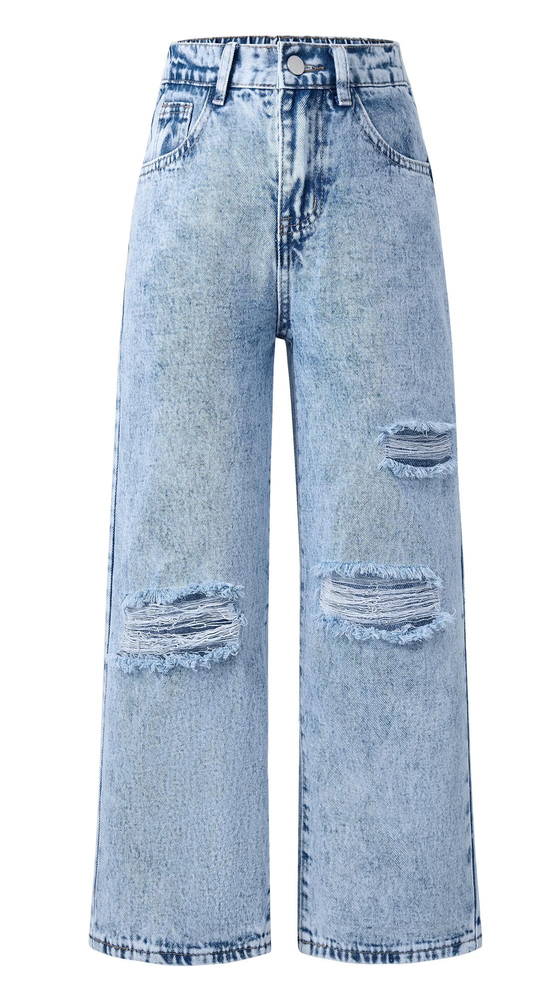 FEOYA Pantalones Vaqueros Niña Infantil Baggy Jeans con Agujeros Casuales Cintura Elástica 5-14 Años