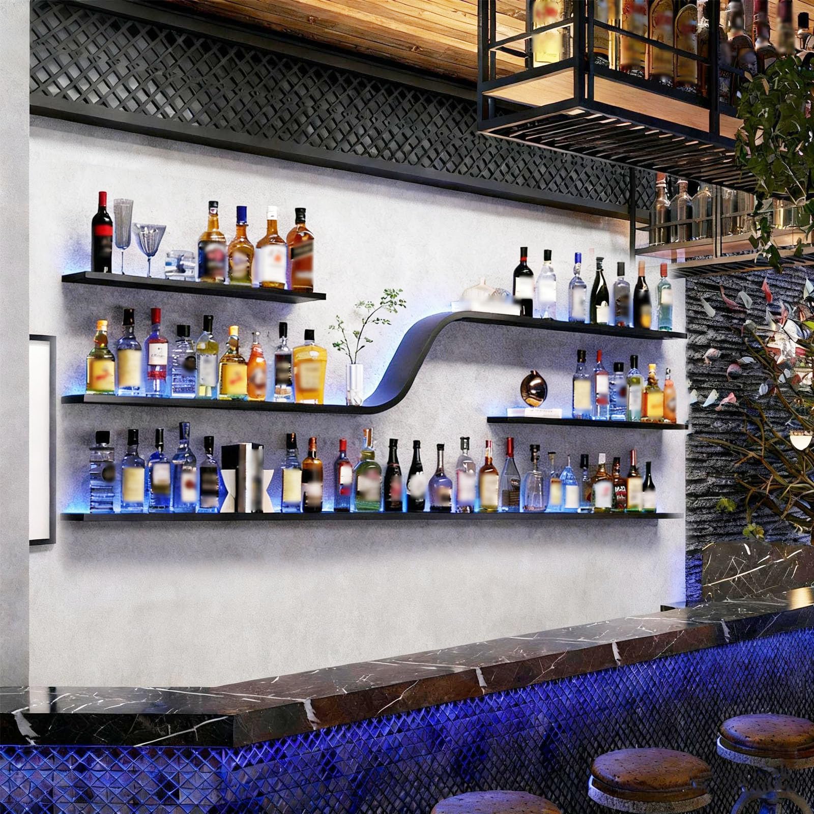 Botellero de Vino Montado en la Pared con Luz LED, Estantes de Vino Decorativo de diseño curvo moderno, 3 Niveles Estante para Exhibición De Vinos, para Bar doméstico, Cocina, Catering (negro, 150cm)