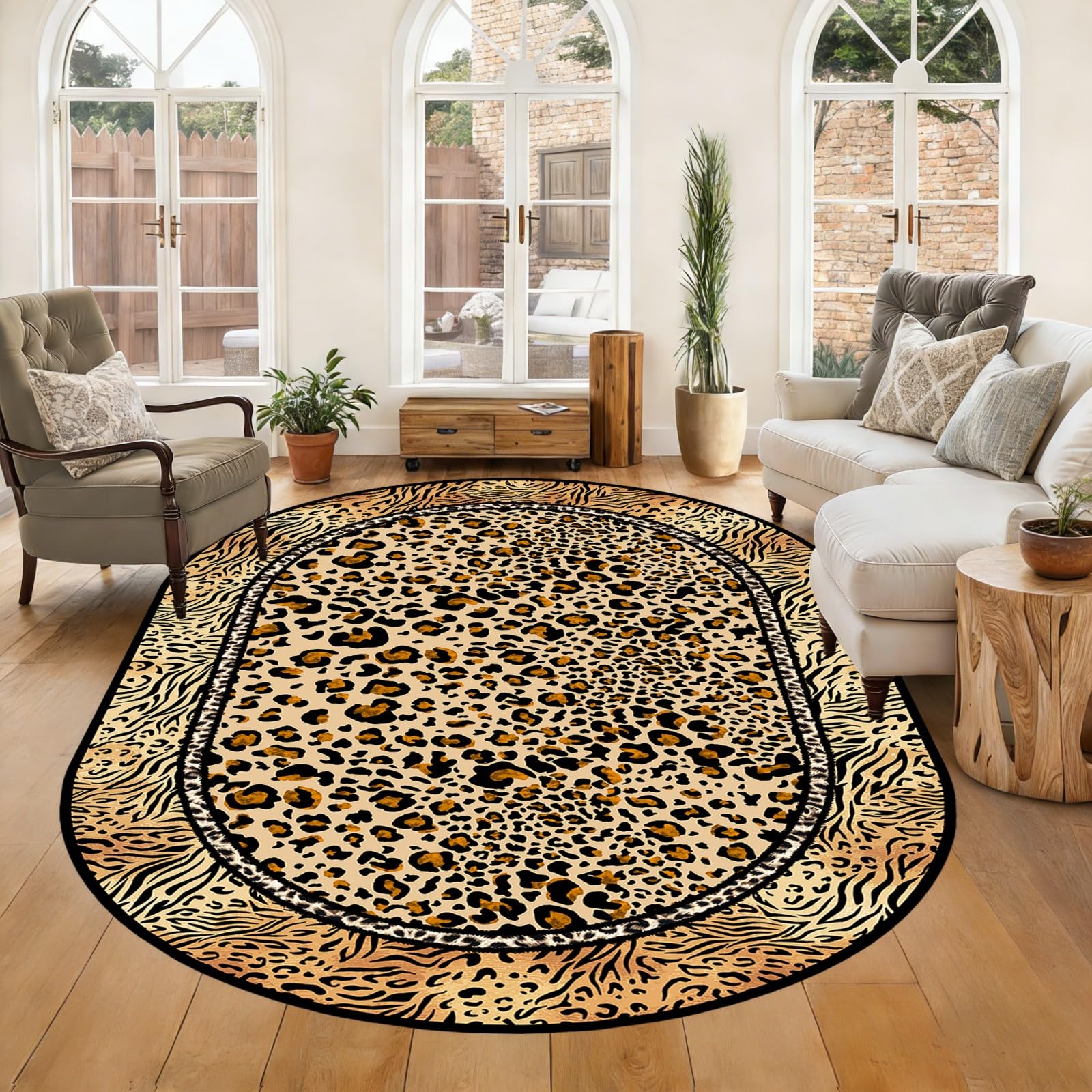 WAOTMN Brown Leopard Print Oval Rugs for Living Room 180x300cm Animal Print Anti Slip Carpet,Fade Resistant Durable Easy Clean Bedroom Kitchen Floor Mat