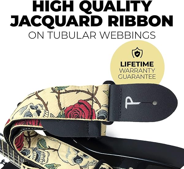 Perri's ギターストラップ ローズ&スカル / Perri’s Leathers Ltd. - ギターストラップ - ナイロン - ローズ & スカル – ベージュ - 調節可能 - アコースティック/ベース/エレクトリックギター用 - カナダ製 (TWS-6538)