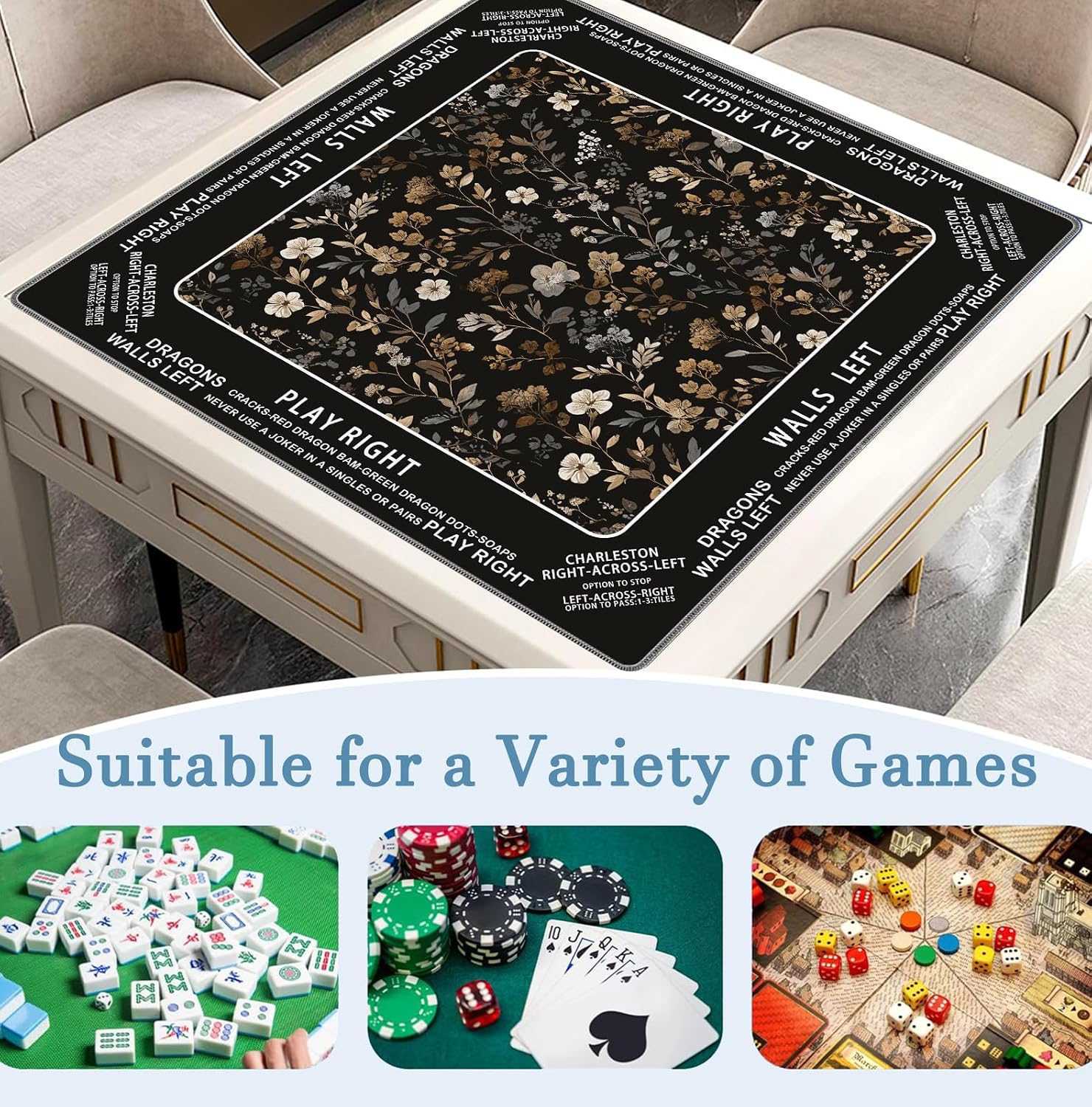 Vintage Black Wildflower Floral Mahjong Mat 31.5" x 31.5", Non-Slip Noise Reduction Mahjong Table Cover Accessories and Supplies for Dominoes Poker Card Board and Tile Games Gifts