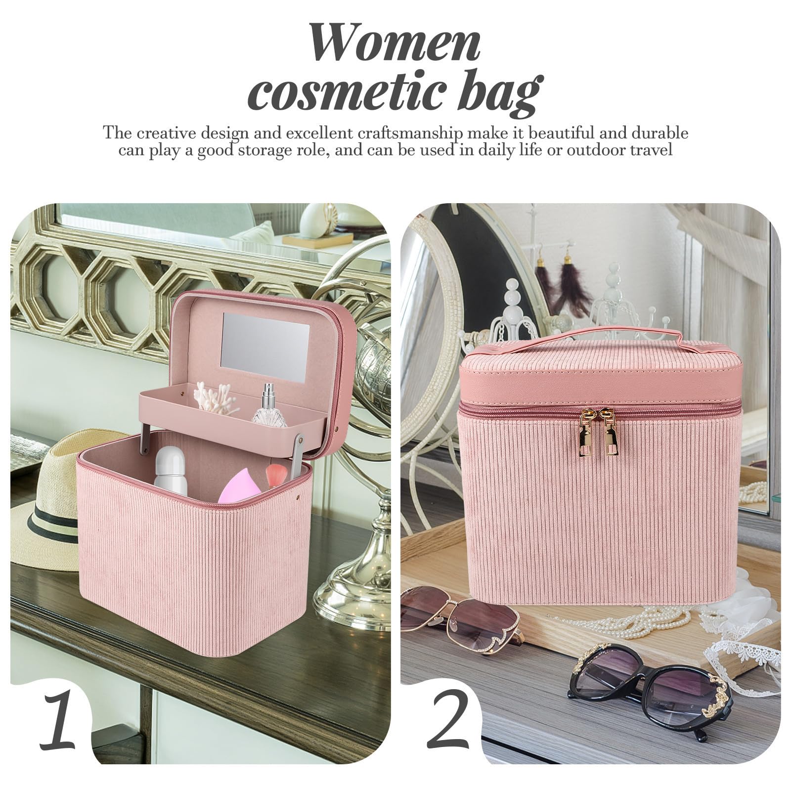 Hemobllo Kosmetiktasche mit Spiegel aus Cordstoff Doppellagige für Frauen Kreative Make Up Aufbewahrungstasche für und Persönlichen Gebrauch