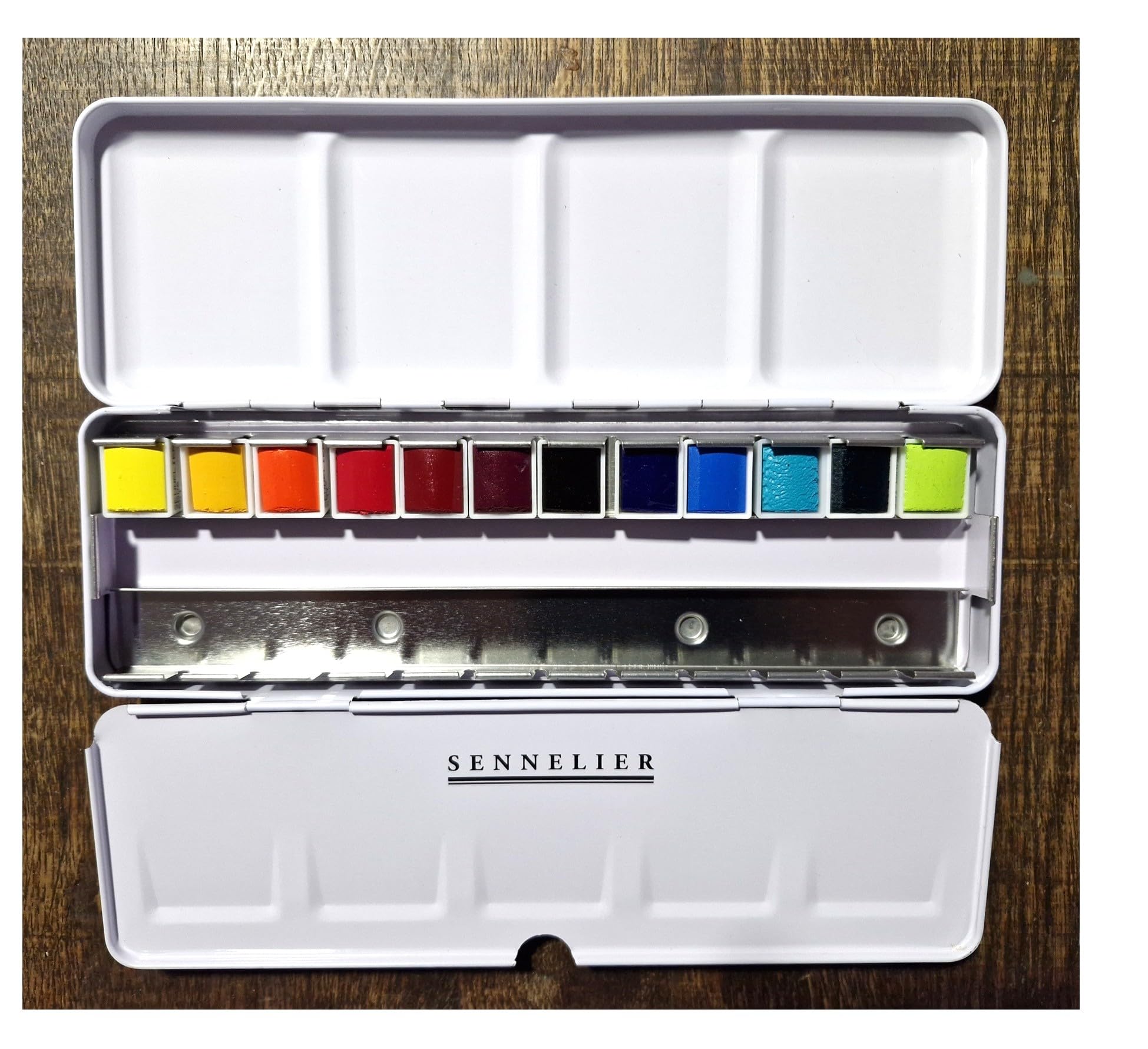 Sennelier Aquarelle Extra-Fines, sélection couleurs intenses - Paysage, 12 demi-godets Boîte en métal et 1 carte