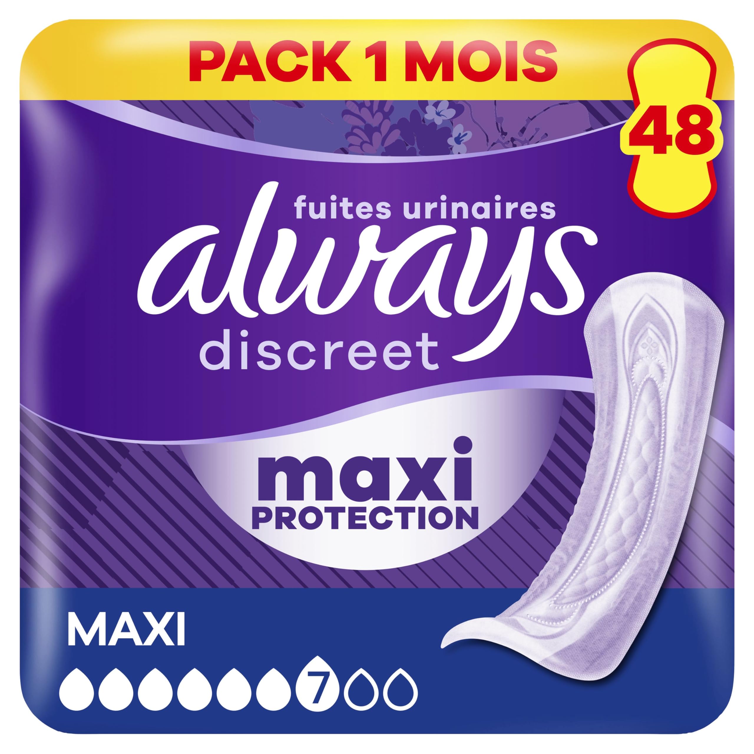 Always Discreet Serviettes Pour Fuites Urinaires Femmes, Maxi Protection, Absorption 7, 48 Serviettes, Extra Sûre, Retiennent Les Odeurs, Pack 1 Mois