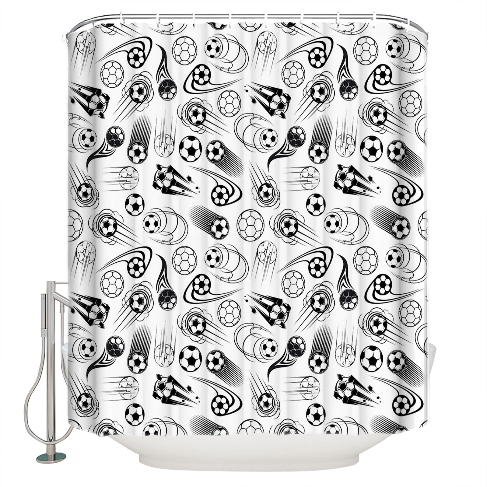 Anzona Football Waterproof Shower Curtains Set - Standard 66 x 72 Inch, Soccer Sports Black and White Decor Polyester Fabric Bathroom Curtain with 12 Hooks, Bathroom Accessories, 1 Panel