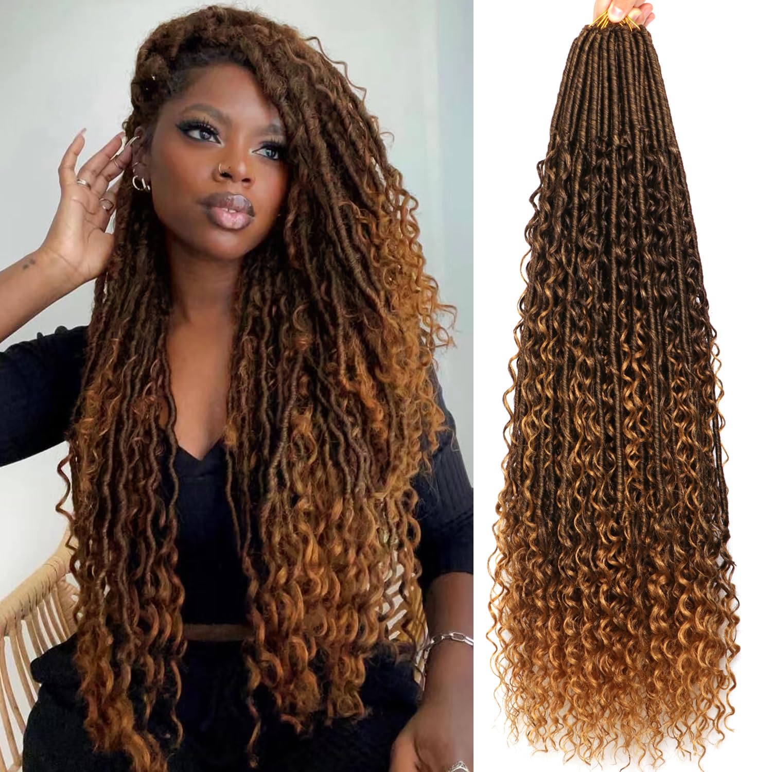 Photo 1 of Soft Boho Locs Crochet Hair for Black Women-30 Inch 8 Packs Goddess Faux Locs Crochet Human Hair Feeling Pre Looped with Curly Ends Curly Ends (T27, 30 Inch(Pack of 8))