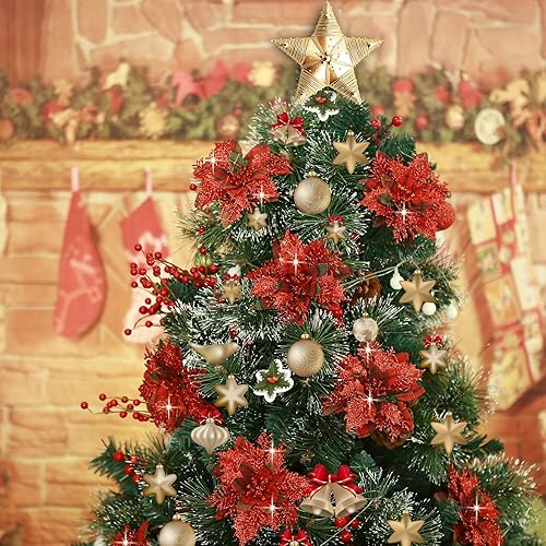Miniatura 11 de GREENTIME 12 flores de Pascua artificiales azules con purpurina de 5.5 pulgadas, flores de Navidad con clips, tallos de Navidad, adornos para árbol