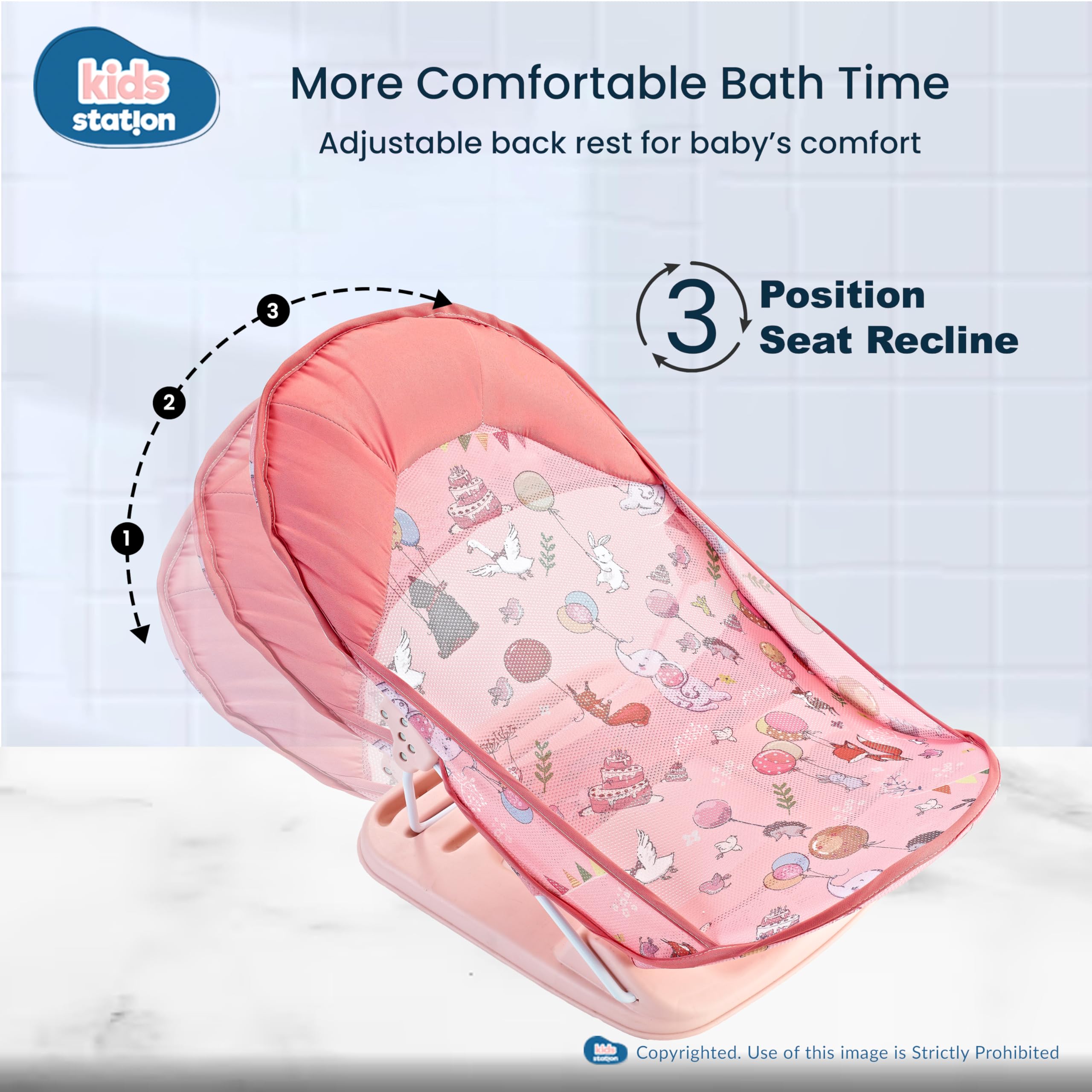 Kids Station Newborn Baby Bather | Bath Chair for Newborns and Infants 0-12 Months | Foldable | 3 Position Adjustable Chair | Anti Skid Base | Washable Soft Mesh Seat | for Babies Upto 5Kg (Pink) - Image 3 thumbnail