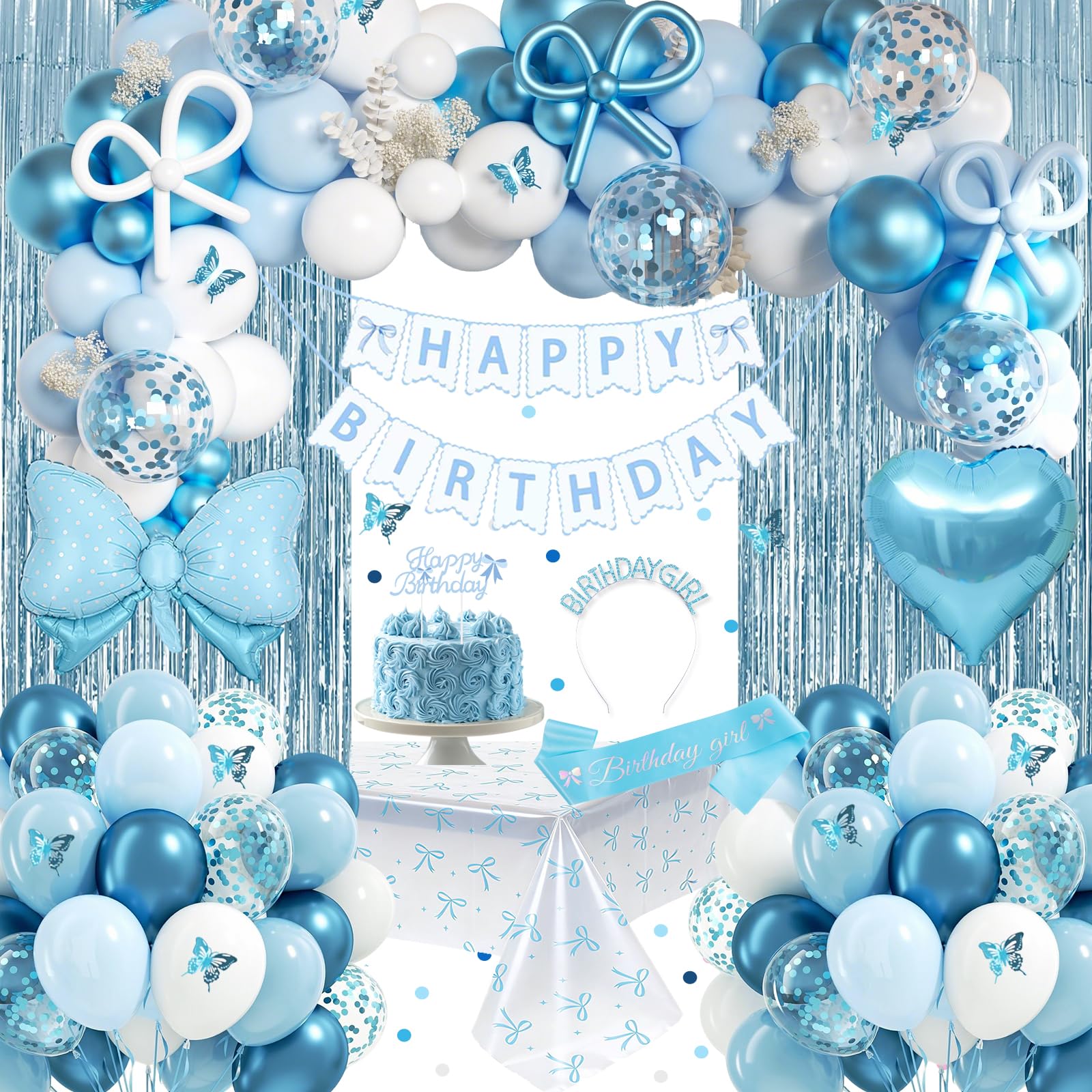 Blue Bow Birthday Decorations, Coquette Party Decoration Set with Happy Birthday Banner, Pastel Light Blue White Bow Latex Balloons, Crown, Sash, Foil Curtain Tablecloth for Girls Women Party Supplies