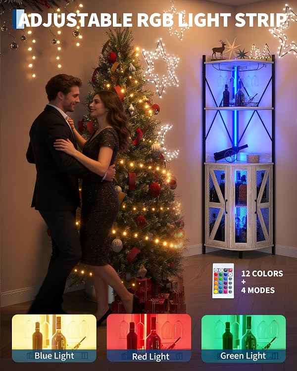 Garvee 72in Corner Wine Cabinet with Power Outlet, Industrial Wine Cabinet w/LED Strip&Glass Holder, 5-Tiers Liquor Cabinets Bar for Home, Small Space, Display Cabinets for, 12 Colors, Mesh Door by Garvee - Image 2