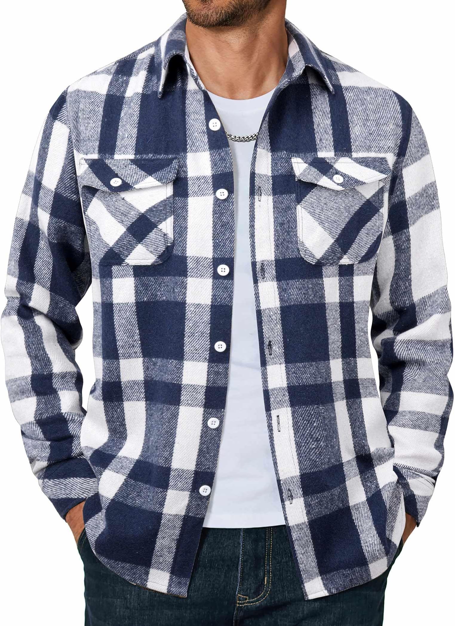 Men Flannel Shirt Casual Button Down Shirt Jacket Long Sleeve Plaid Shirts with Pockets